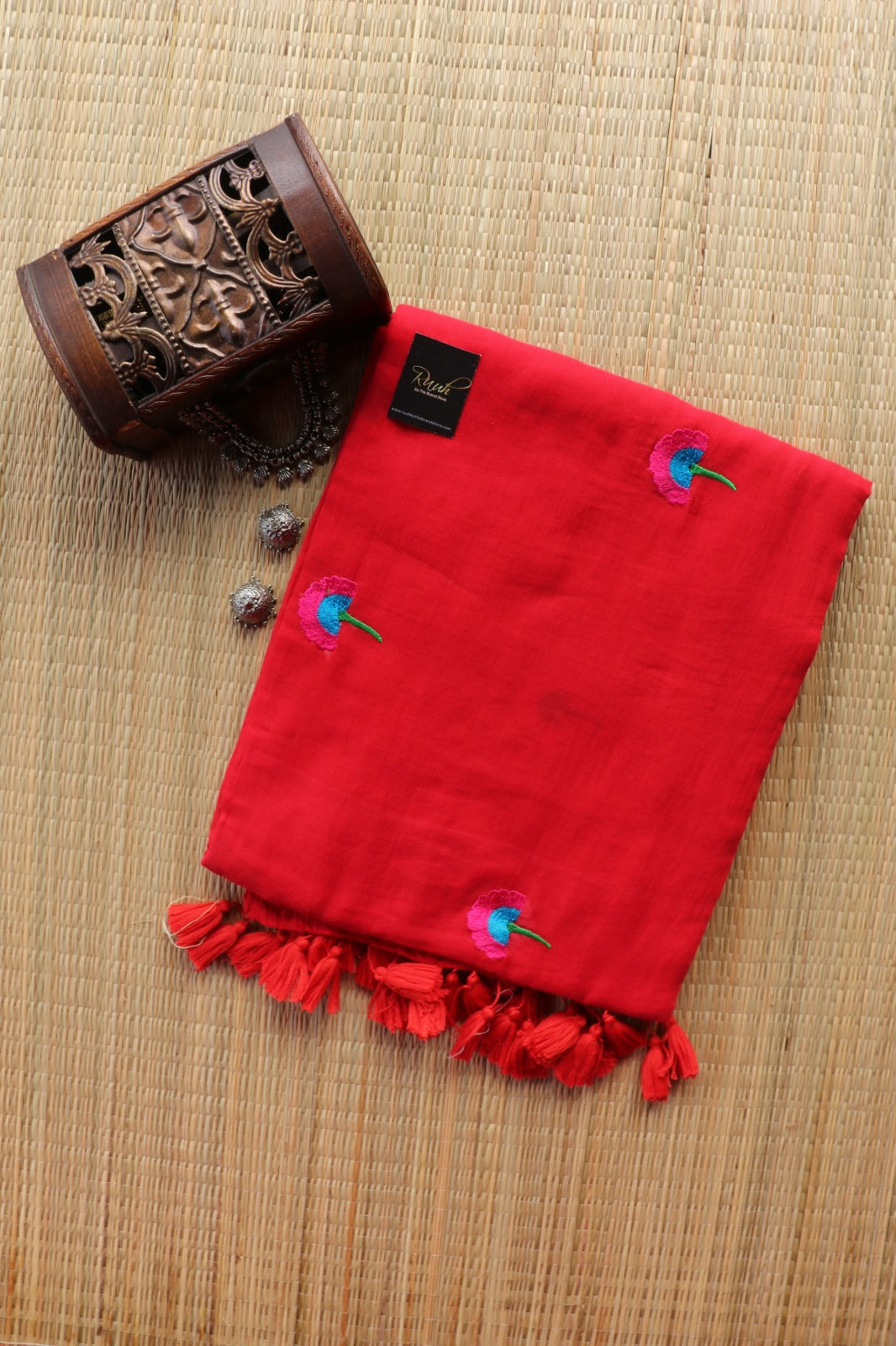 RED MULMUL FLORAL EMBROIDERY SAREE