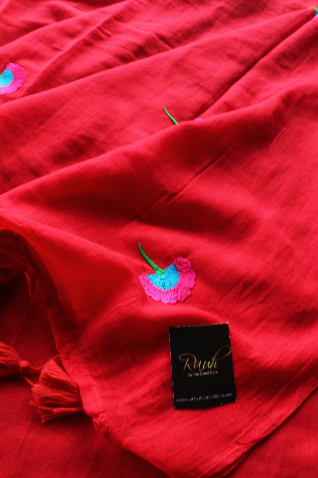 RED MULMUL FLORAL EMBROIDERY SAREE