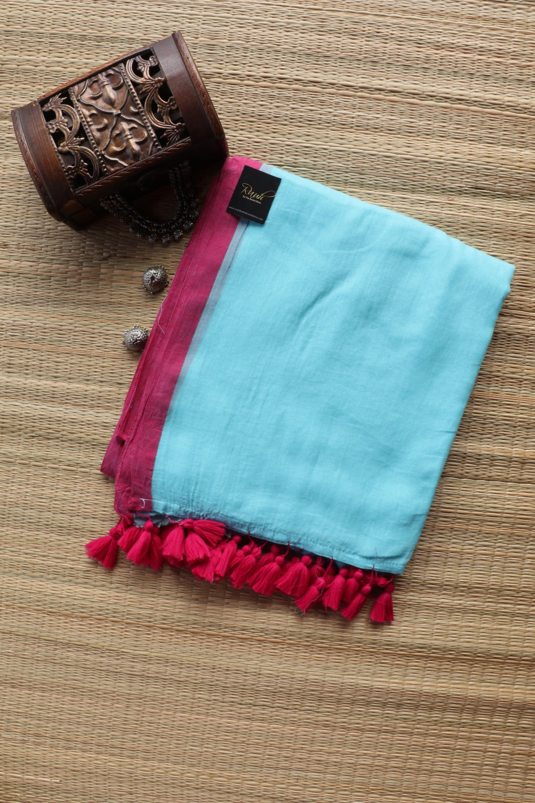 LIGHT BLUE - PINK PLAIN MULMUL SAREE