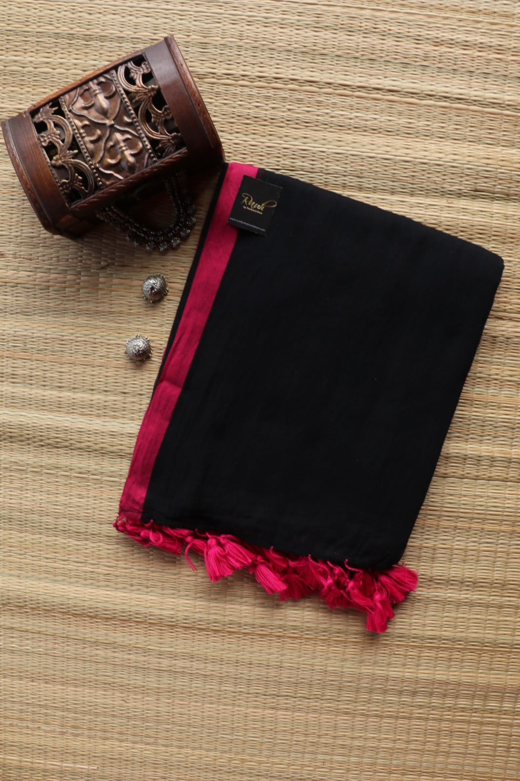 BLACK - PINK PLAIN MULMUL SAREE
