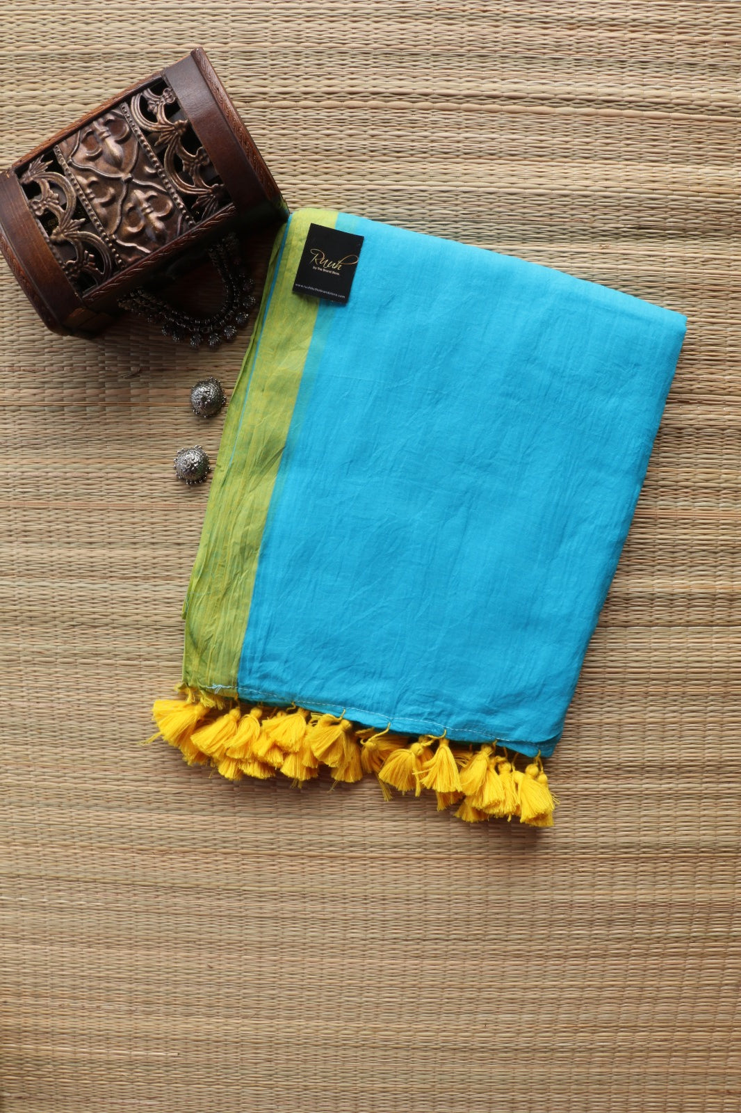 BLUE - YELLOW PLAIN MULMUL SAREE