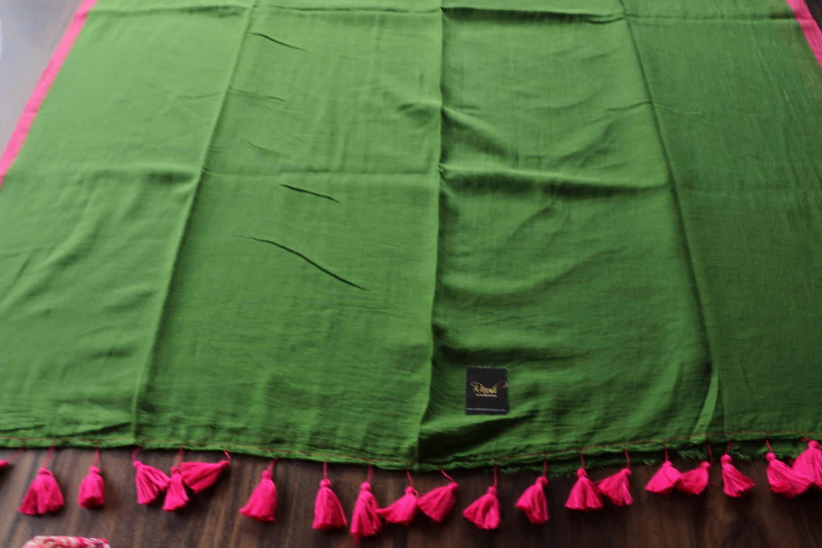 DARK GREEN-PINK PLAIN MULMUL SAREE