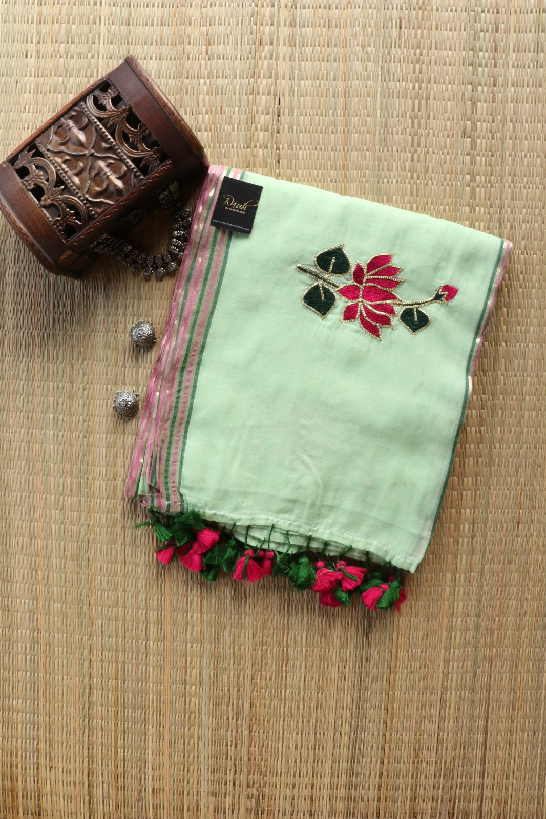 PISTA MULMUL SAREE WITH LOTUS EMBROIDERY