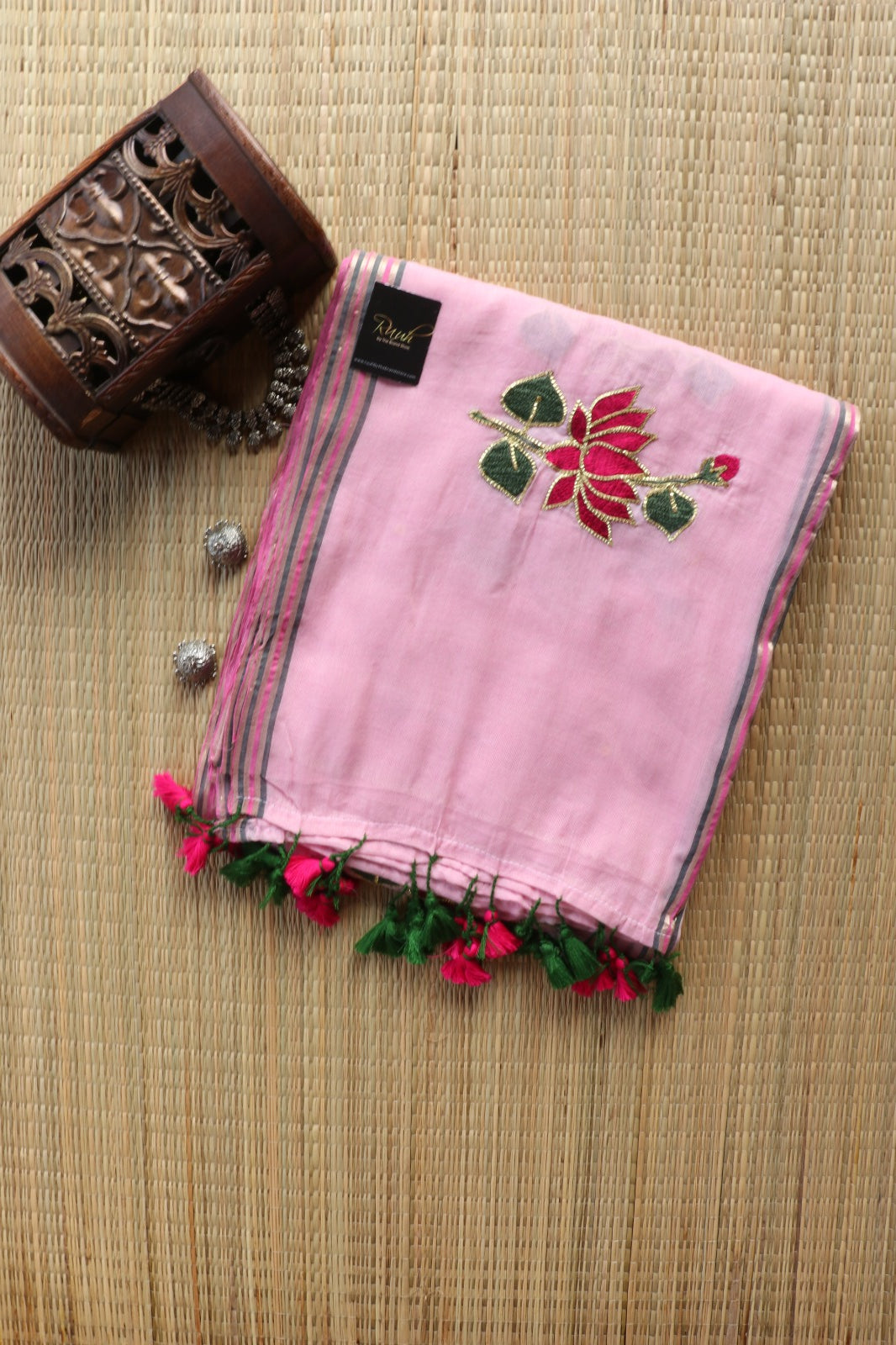 PINK MULMUL SAREE WITH LOTUS EMBROIDERY