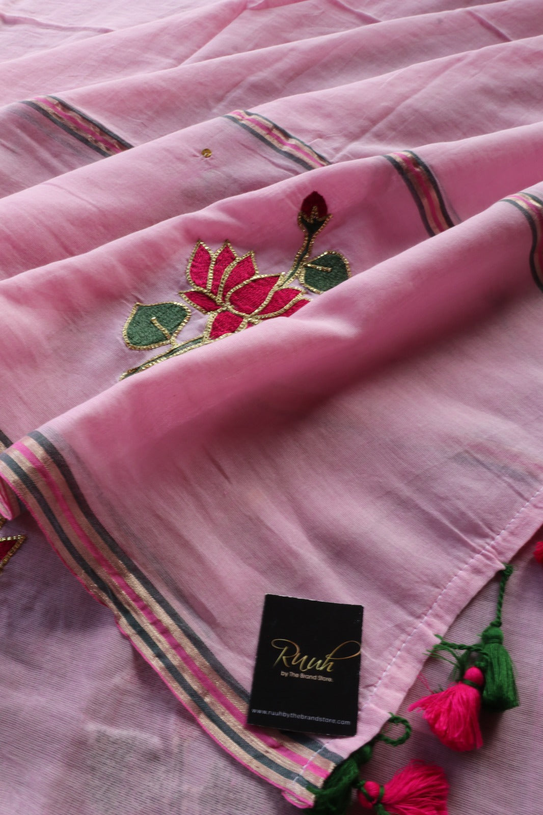 PINK MULMUL SAREE WITH LOTUS EMBROIDERY