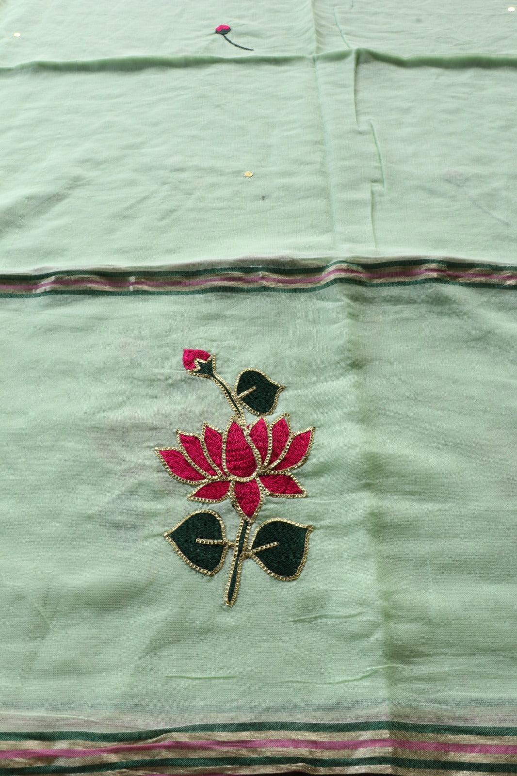 PISTA MULMUL SAREE WITH LOTUS EMBROIDERY