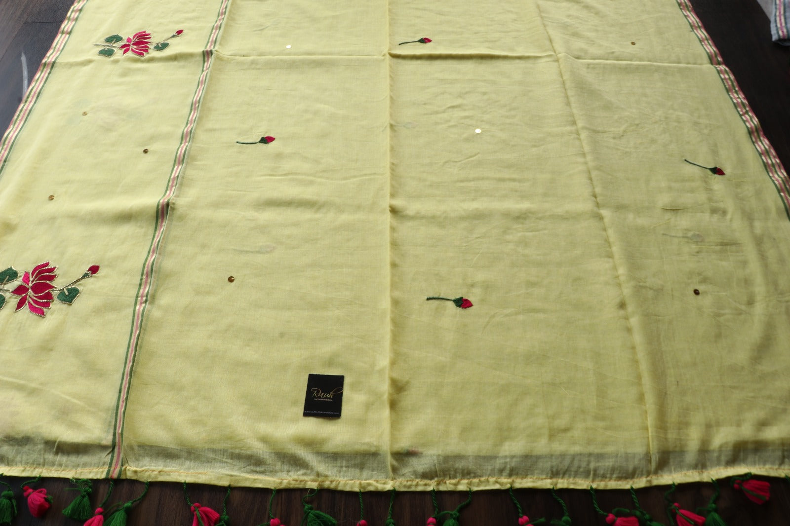 YELLOW MULMUL SAREE WITH LOTUS EMBROIDERY