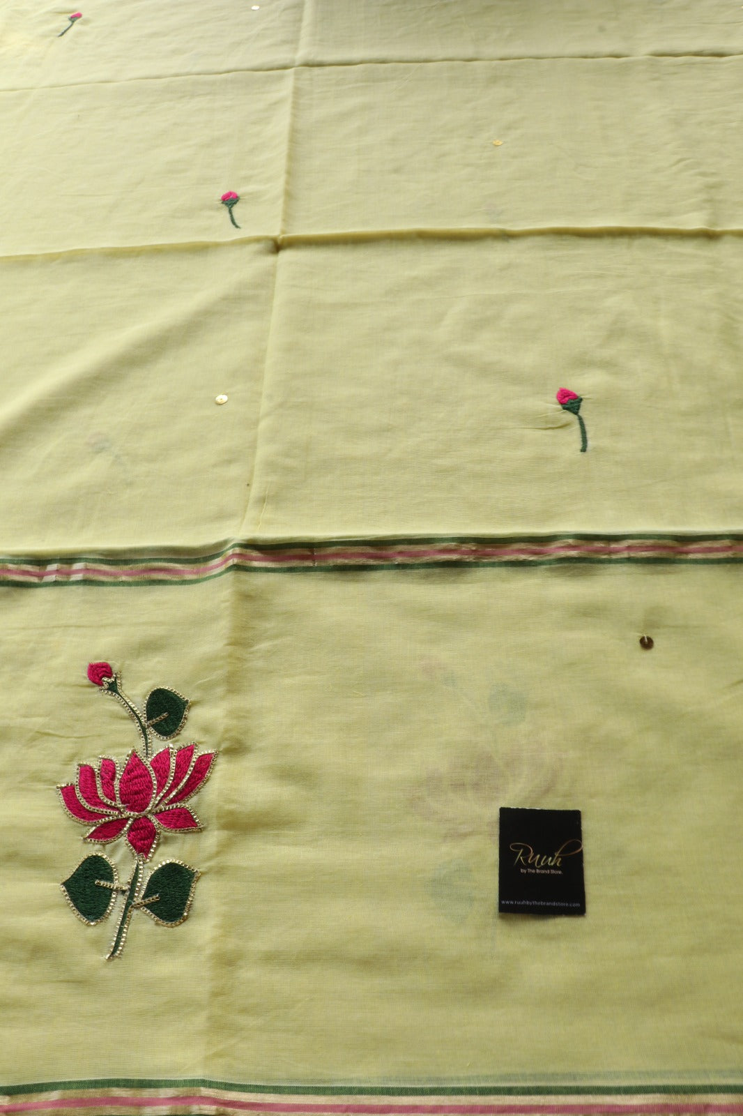 YELLOW MULMUL SAREE WITH LOTUS EMBROIDERY