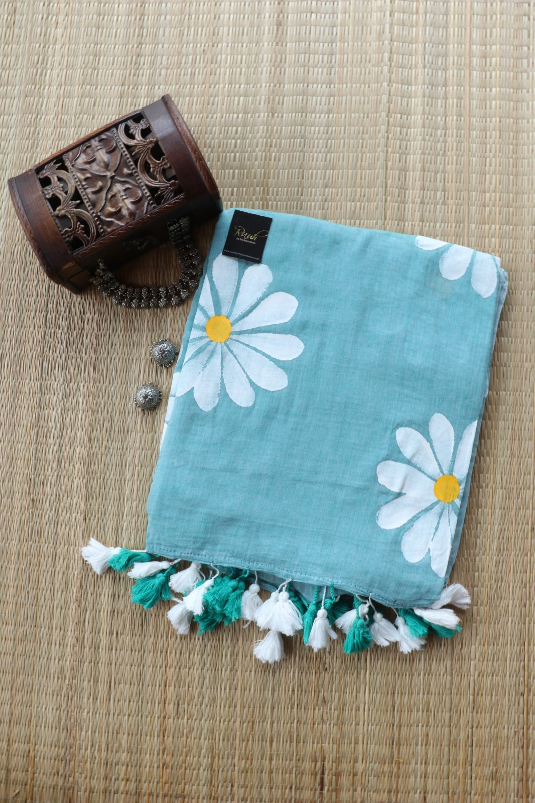SEA GREEN MULMUL DAISY HANDPAINT SAREE - TBS26MD