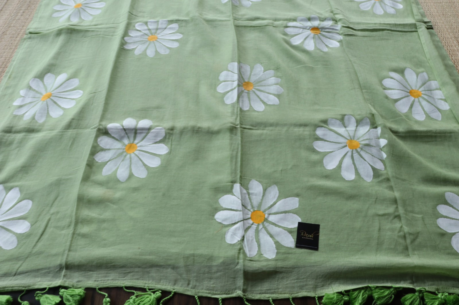 LIGHT GREEN MULMUL DAISY HANDPAINT SAREE - TBS26MD