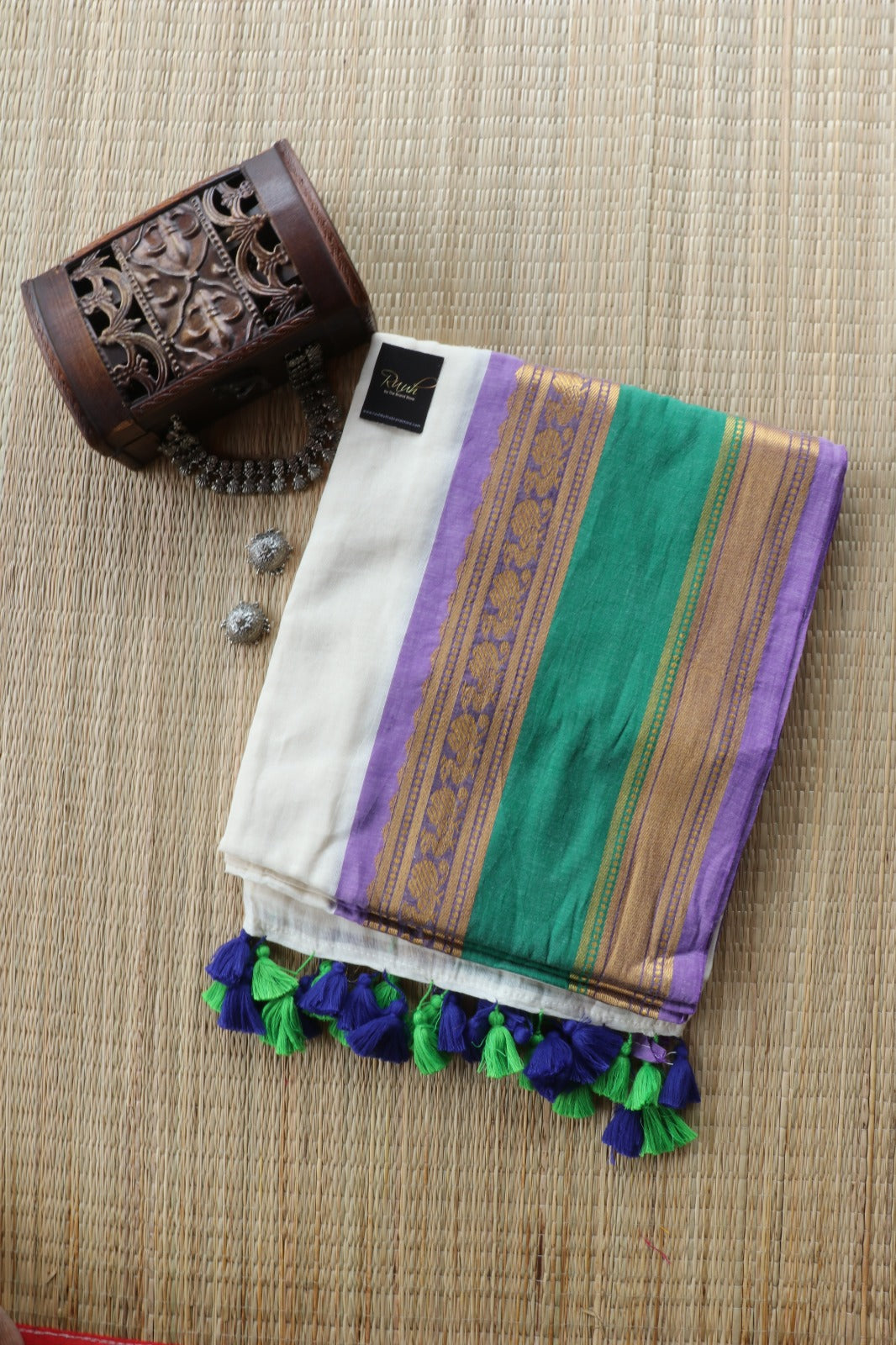 OFFWHITE MULMUL SAREE WITH MULTICOLOUR BORDER-TBS26BM