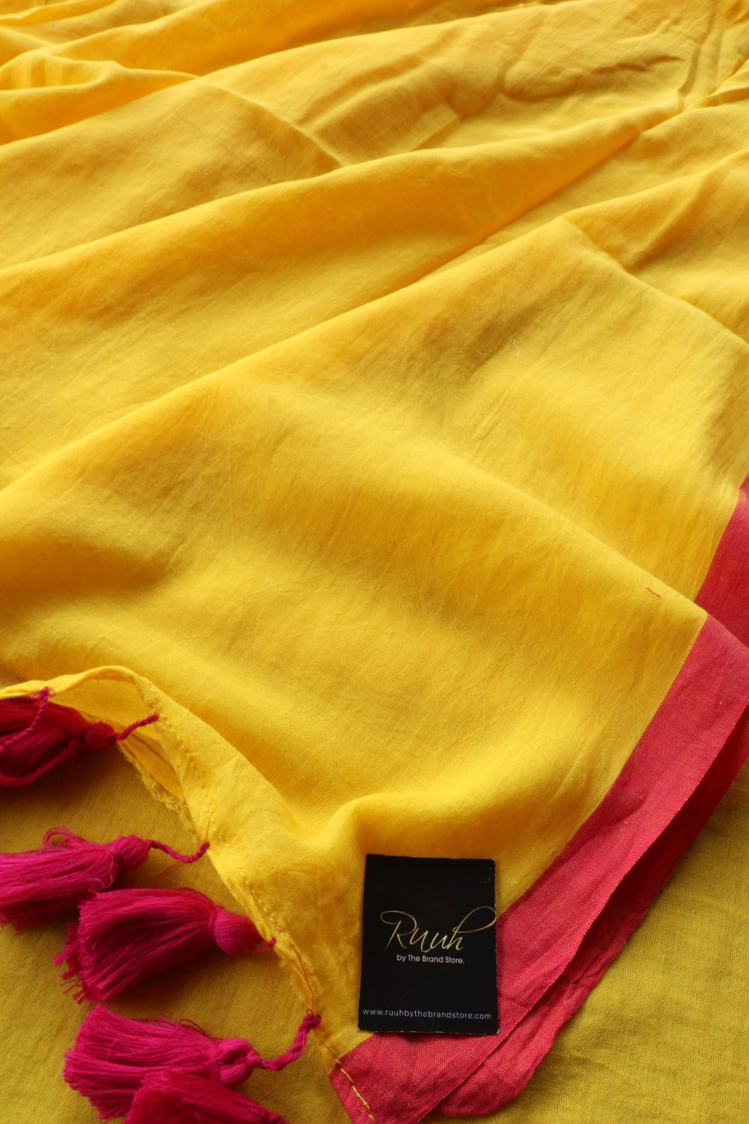 YELLOW- PINK PLAIN MULMUL SAREE