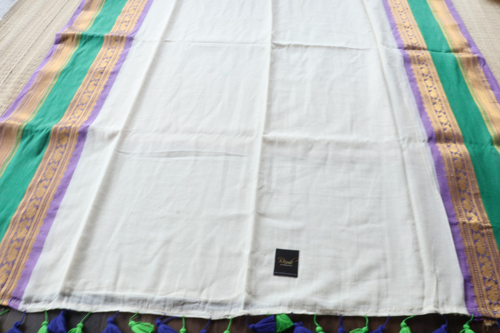 OFFWHITE MULMUL SAREE WITH MULTICOLOUR BORDER-TBS26BM