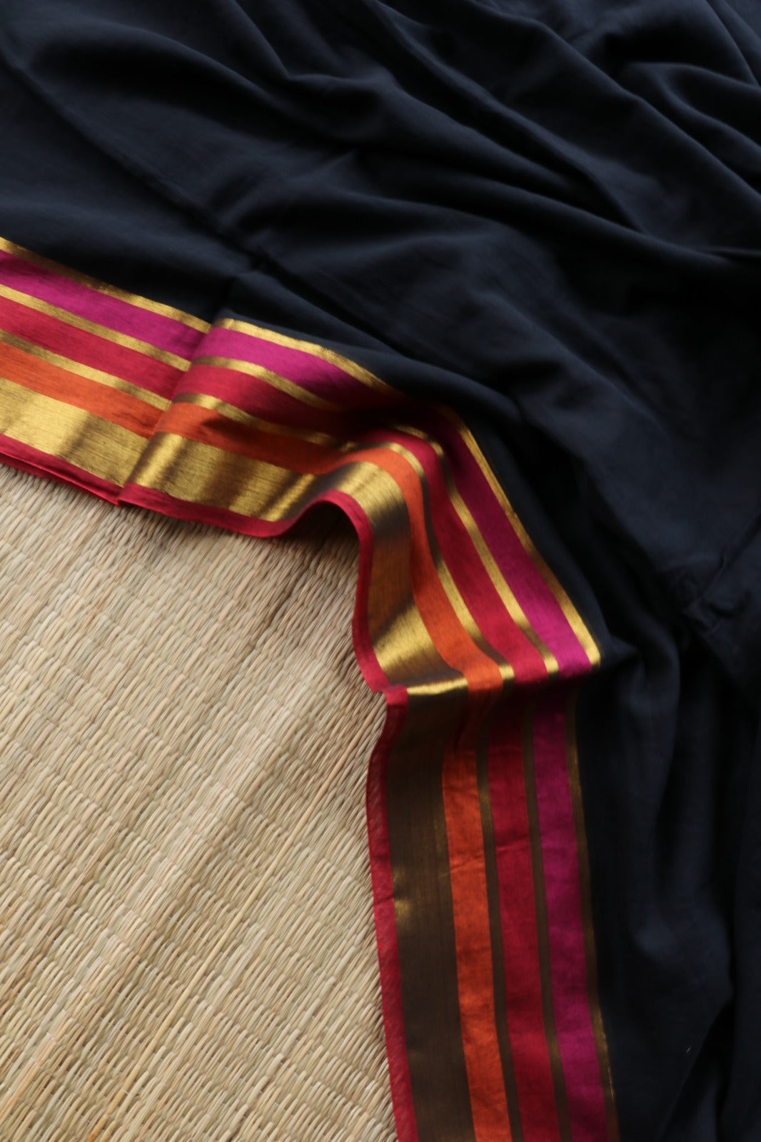 BLACK MUL COTTON WITH MULTICOLOUR BORDER-TBS26VC