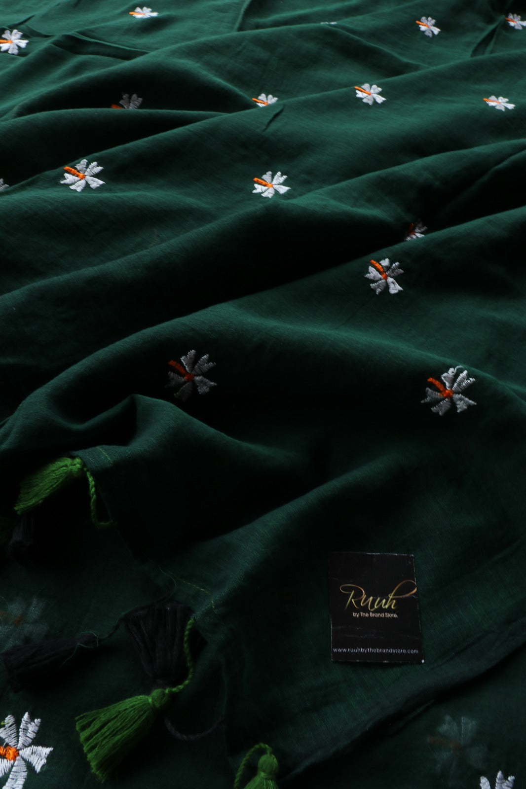 GREEN MULMUL SAREE WITH PARIJAT EMBROIDERY