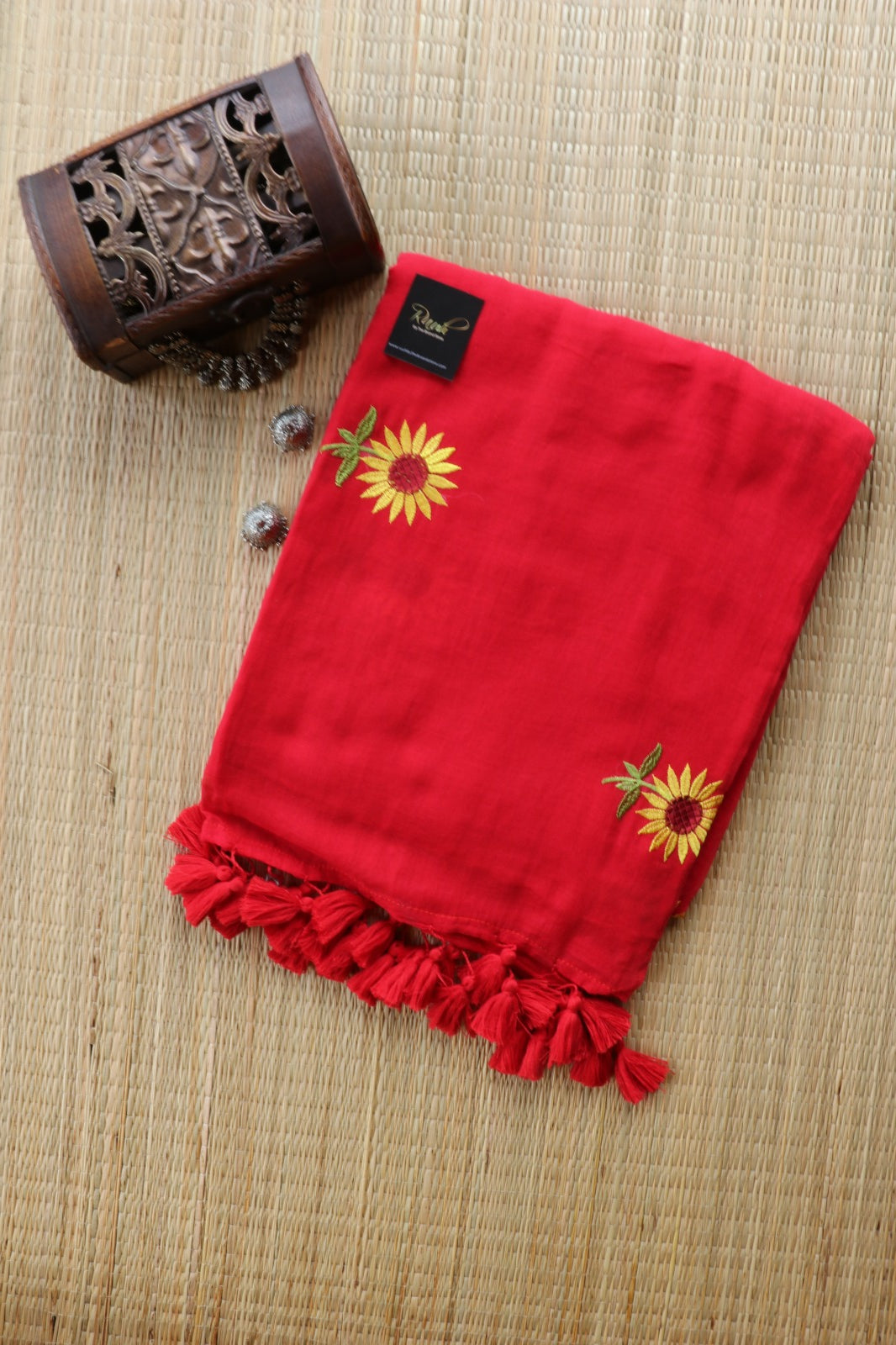 RED MULMUL SUNFLOWER EMBROIDERY-TBS26MSE