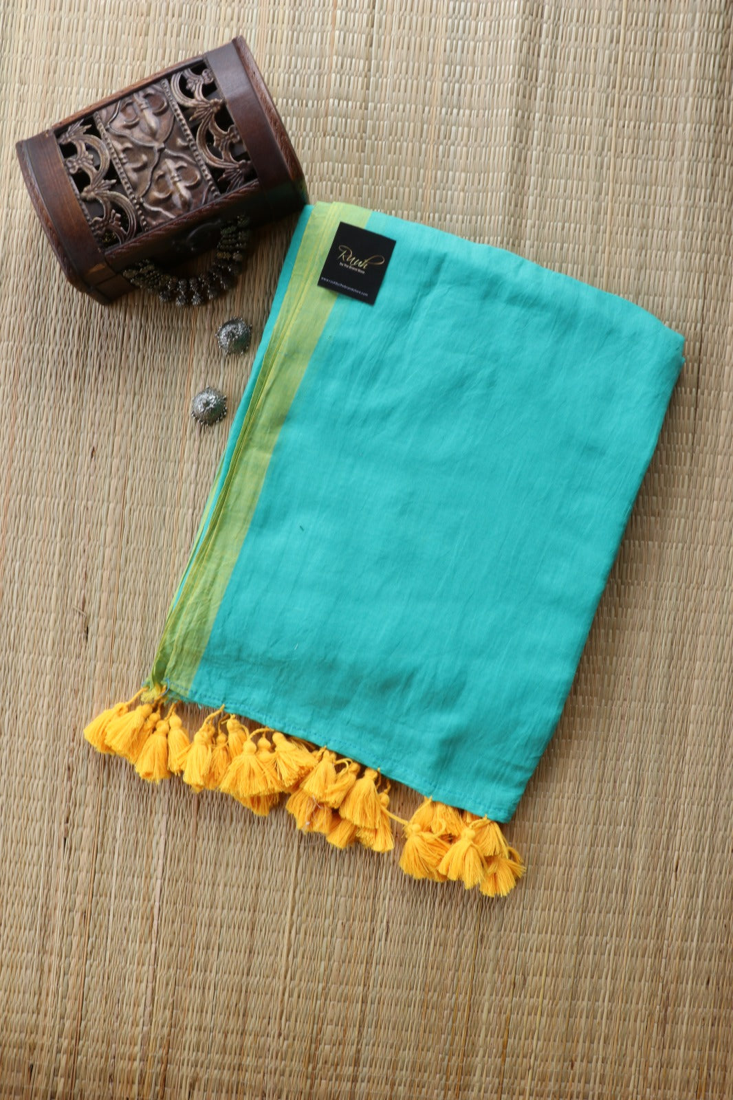 SEA GREEN -YELLOW PLAIN MULMUL SAREE-TBS26MP