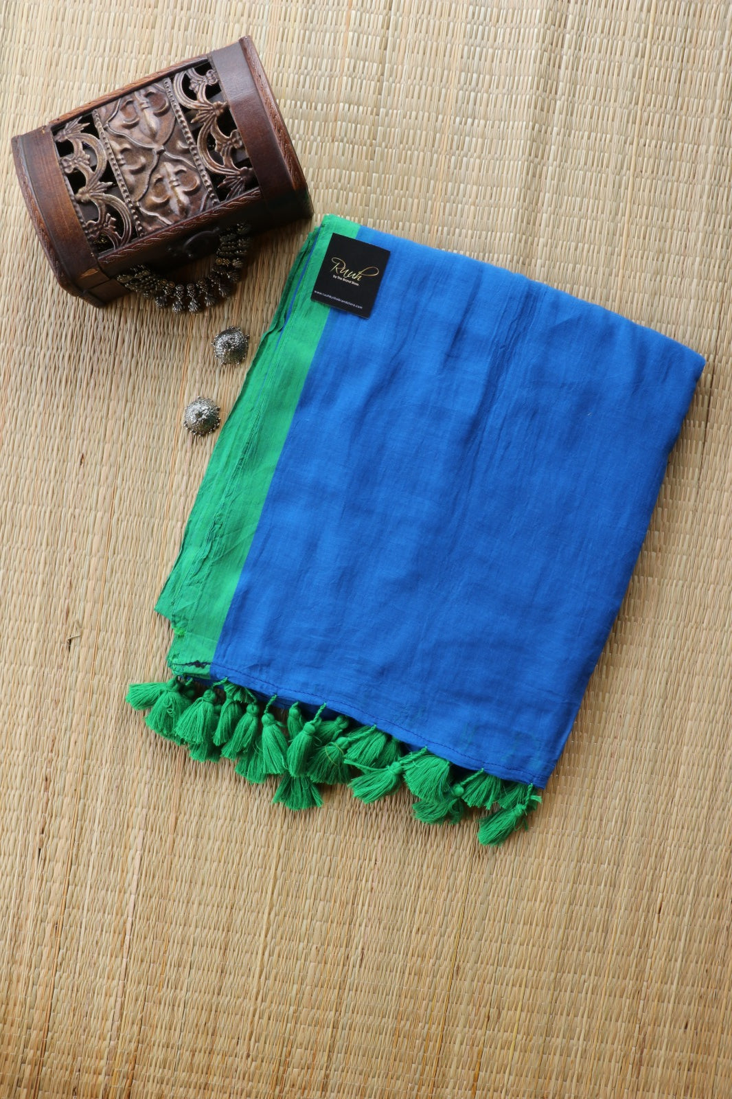 BLUE-GREEN PLAIN MULMUL SAREE-TBS26MP