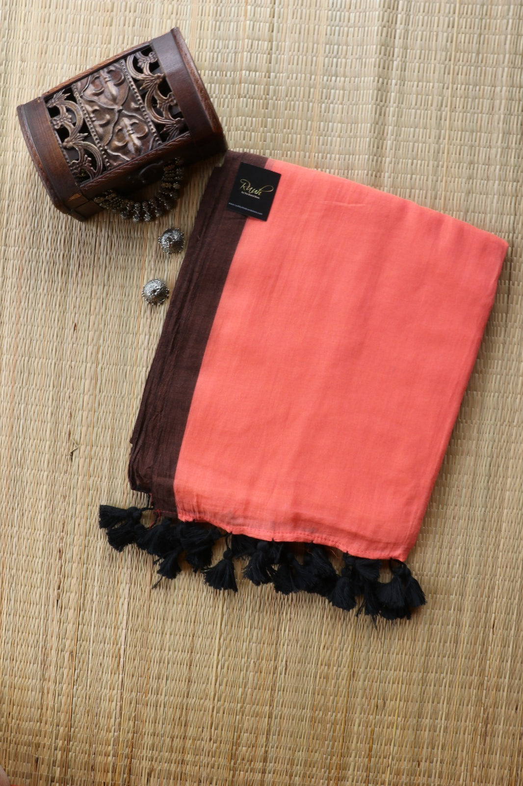 PEACH-BROWN PLAIN MULMUL SAREE-TBS26MP