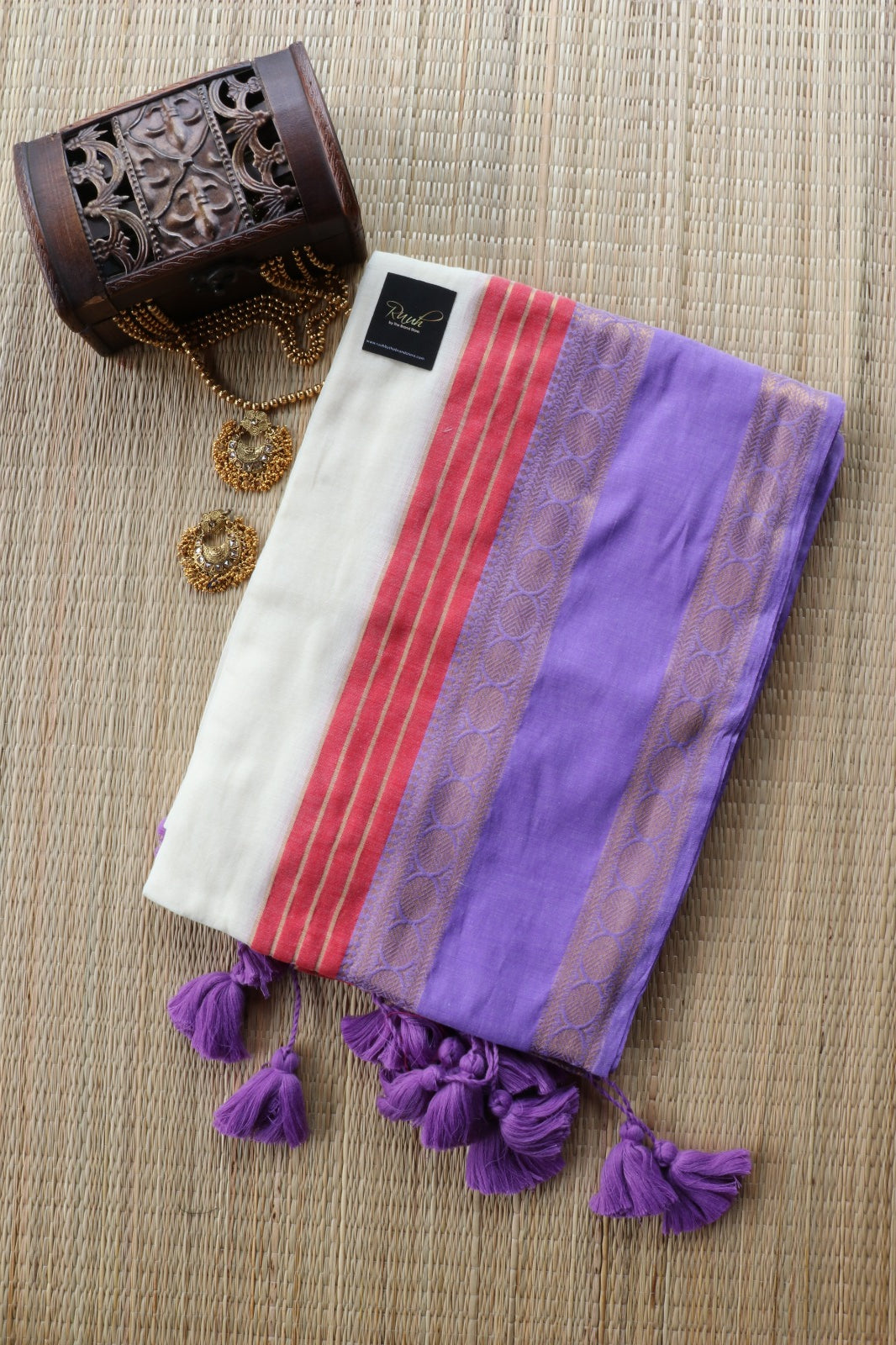 MULMUL SAREE WITH PURPLE AND RED BORDER