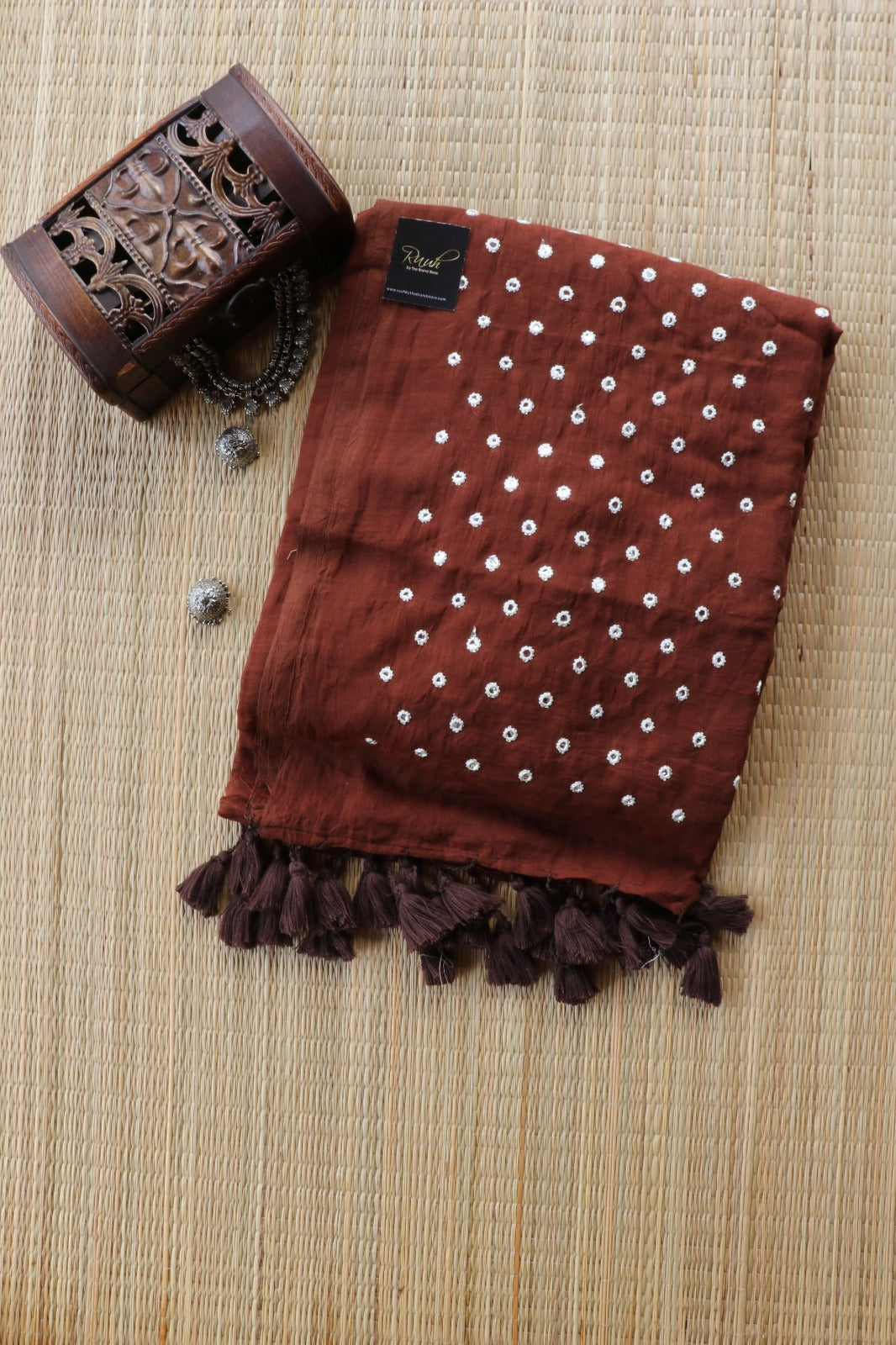 BROWN MULMUL MIRROR WORK SAREE-TBS26MMW