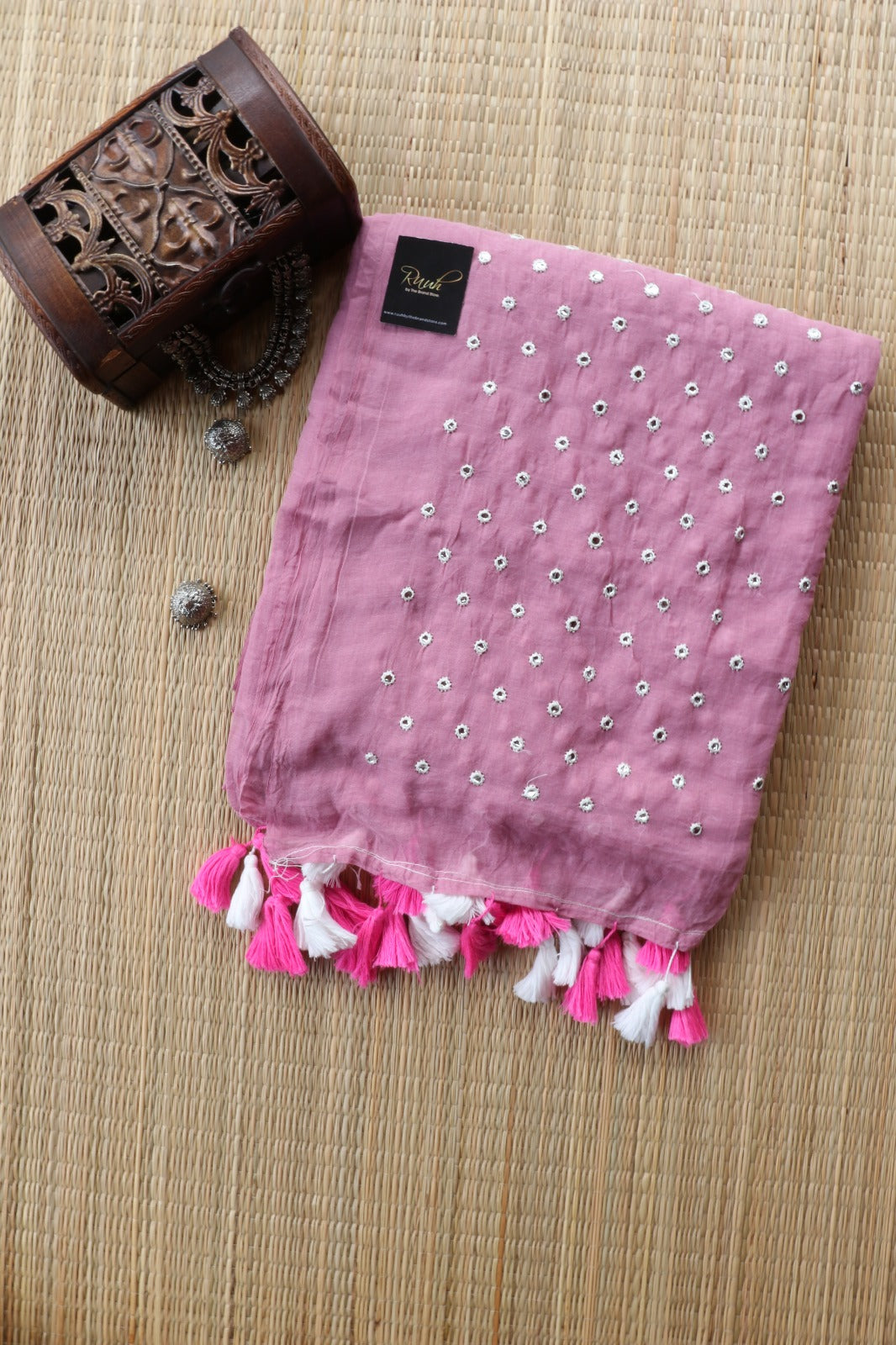 PINK MULMUL MIRROR WORK SAREE -TBS26MMW