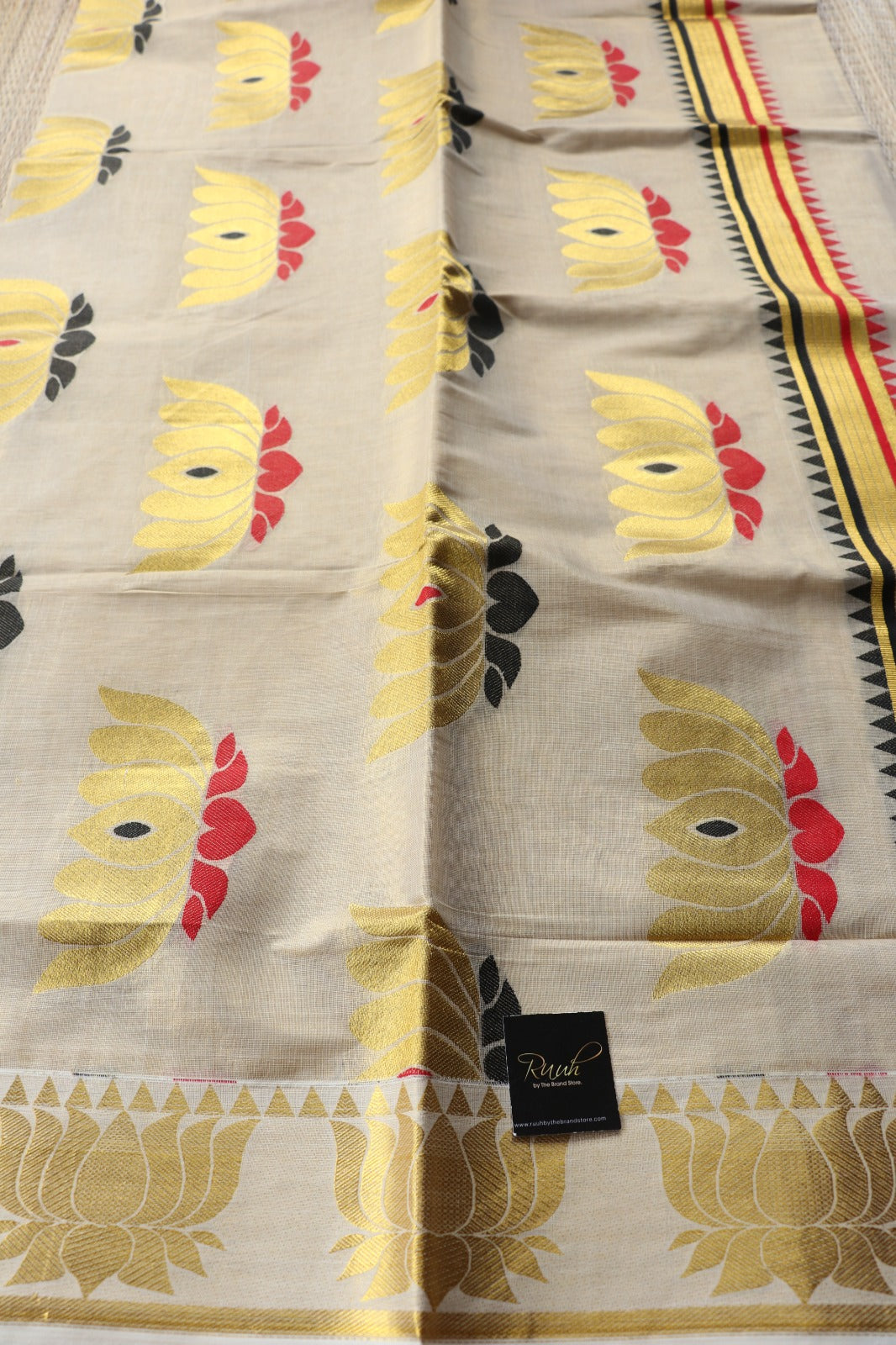 LOTUS EMBROIDERY ON PREMIUM KERALA TISSUE- BLACK & RED