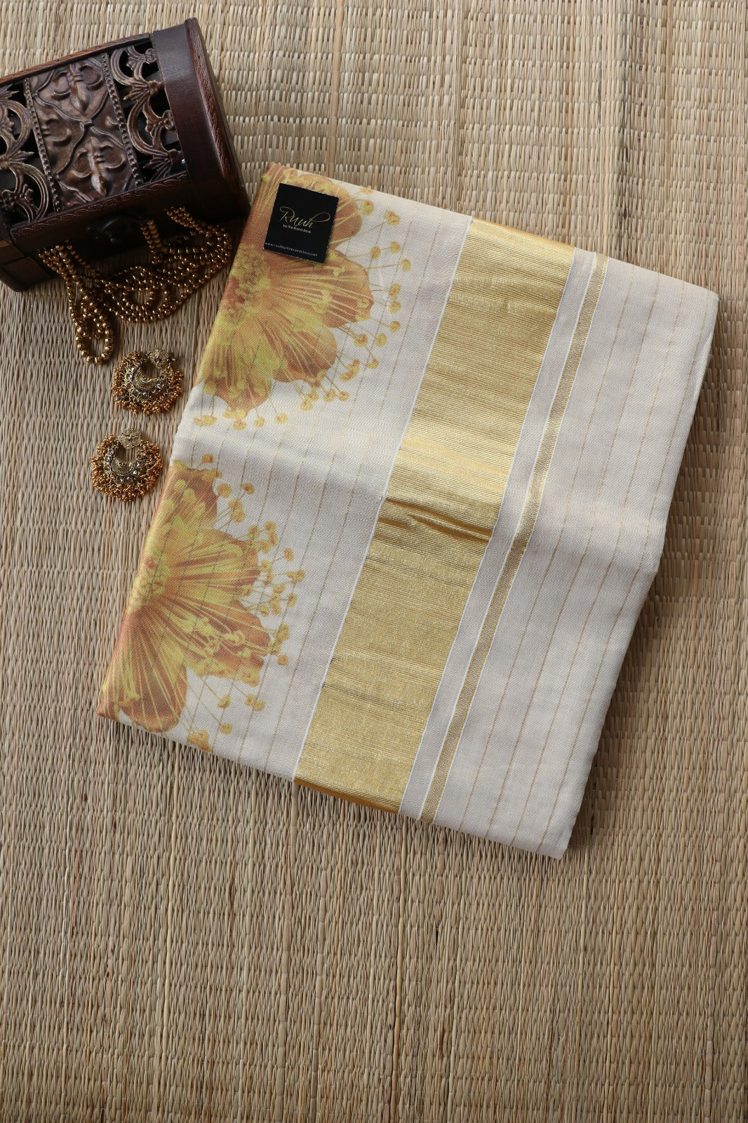 YELLOW FLORAL PRINTED KERALA TISSUE SAREE