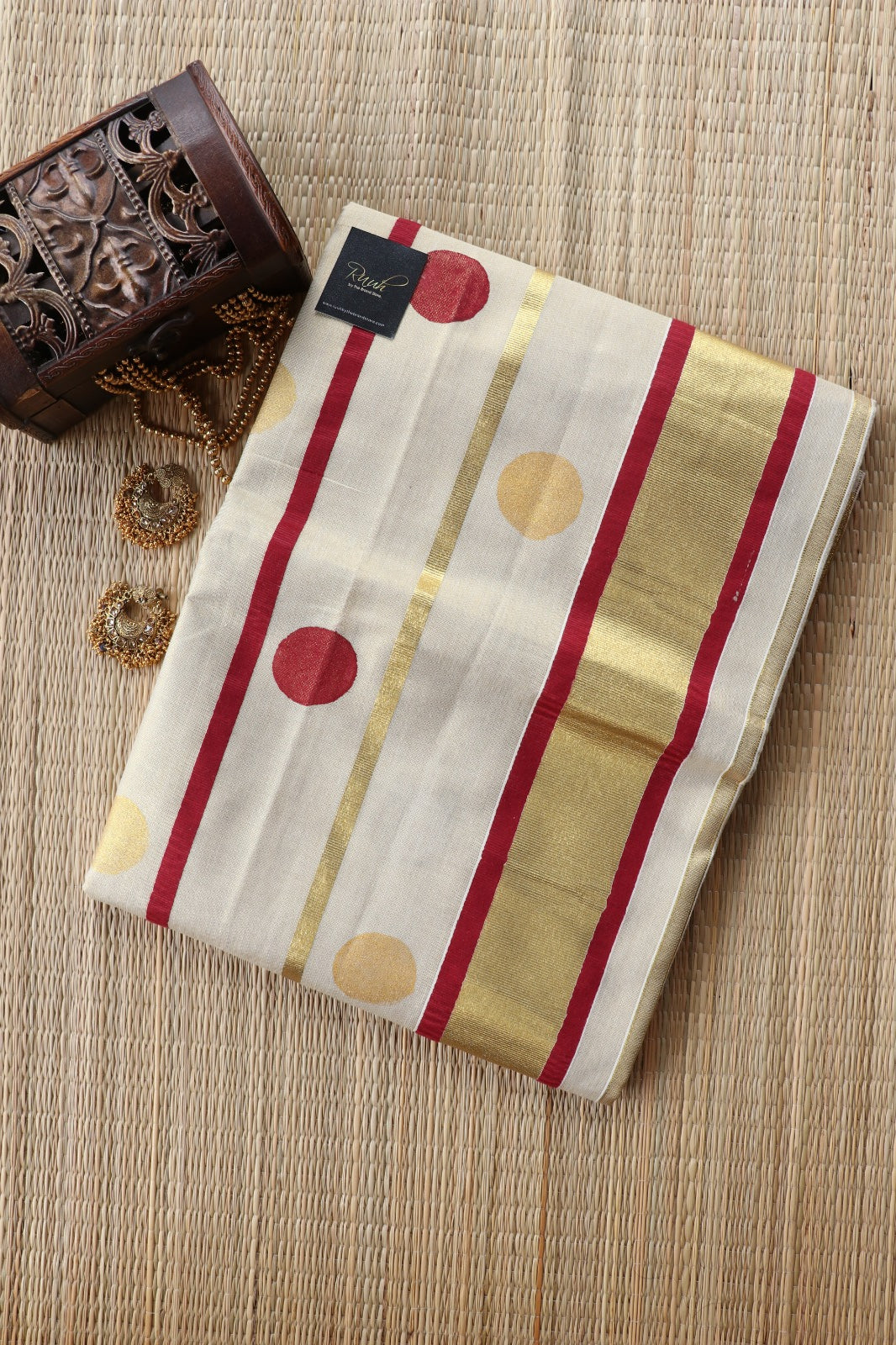 TISSUE SAREE WITH STRIPE AND POLKA- MAROON