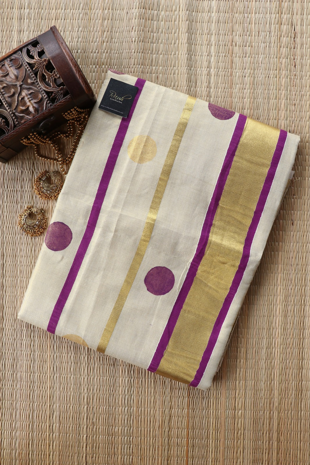 TISSUE SAREE WITH STRIPE AND POLKA - MAGENTA
