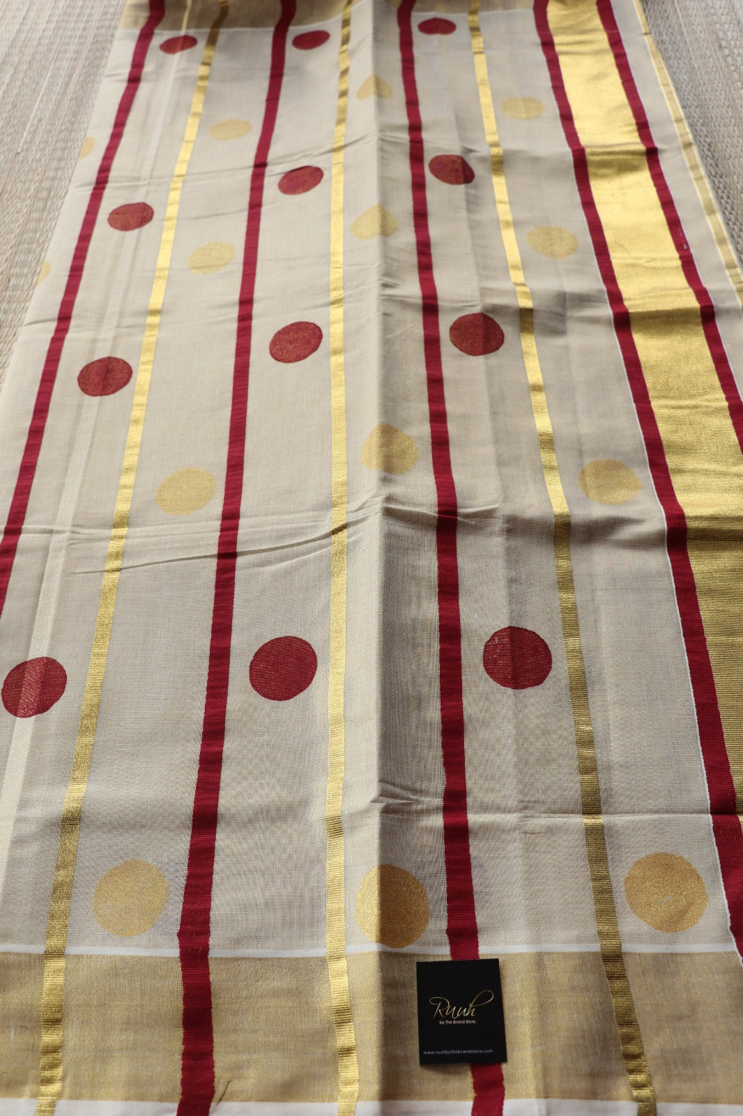 TISSUE SAREE WITH STRIPE AND POLKA- MAROON