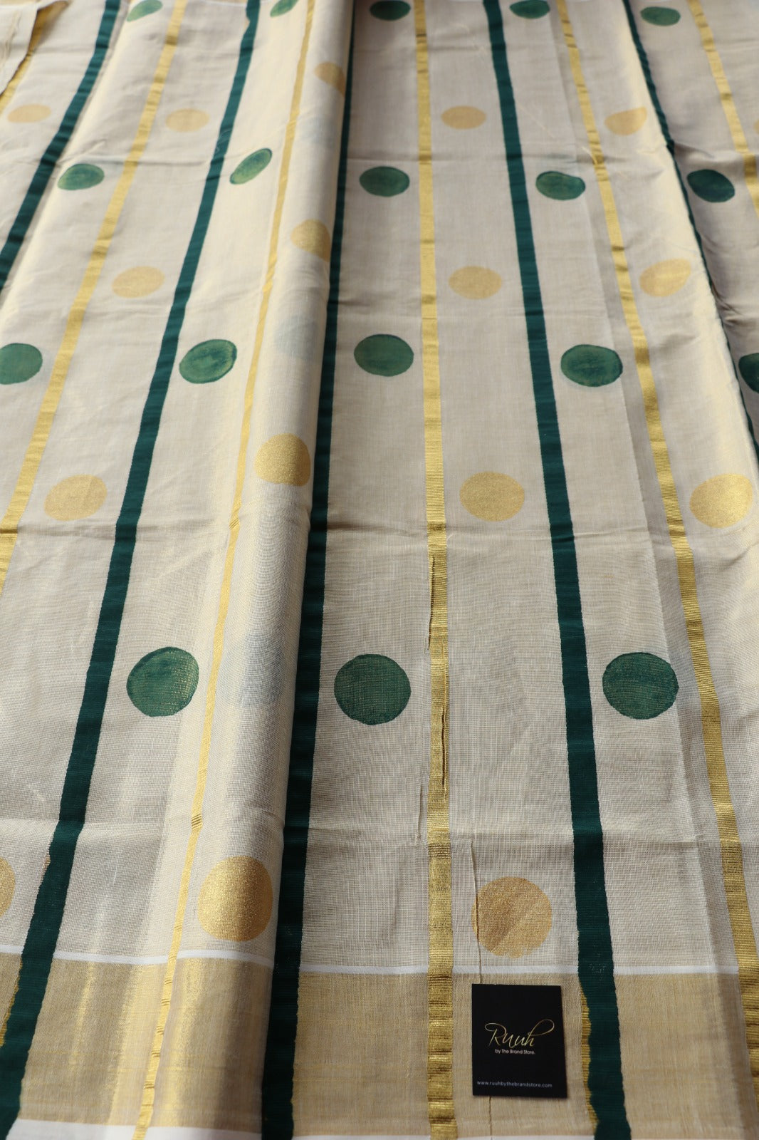 TISSUE SAREE WITH STRIPE AND POLKA-GREEN