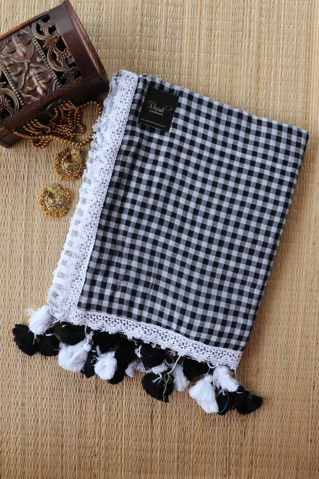 MUL COTTON CHECKS WITH LACE - BLACK
