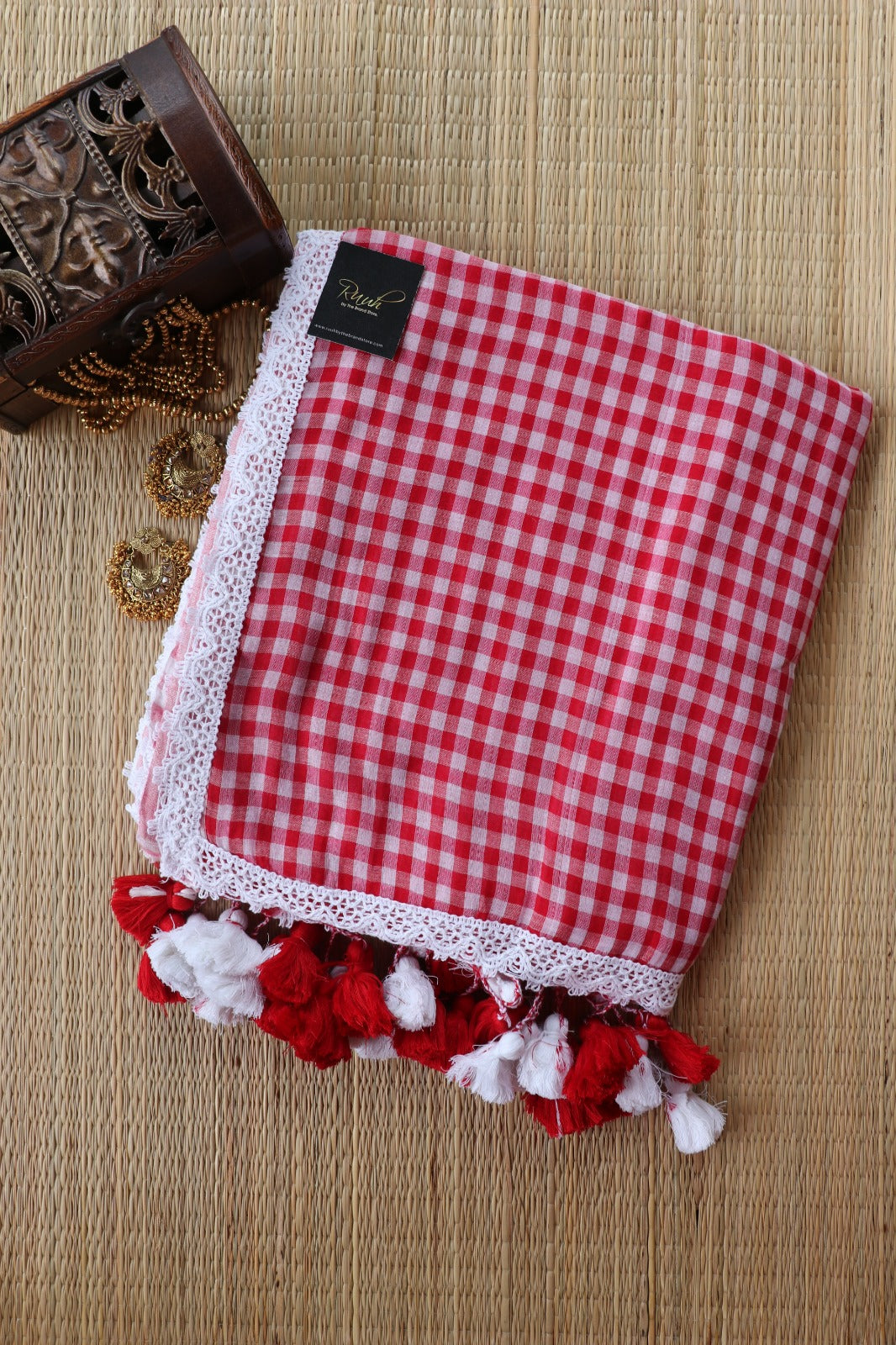 MUL COTTON CHECKS WITH LACE - RED