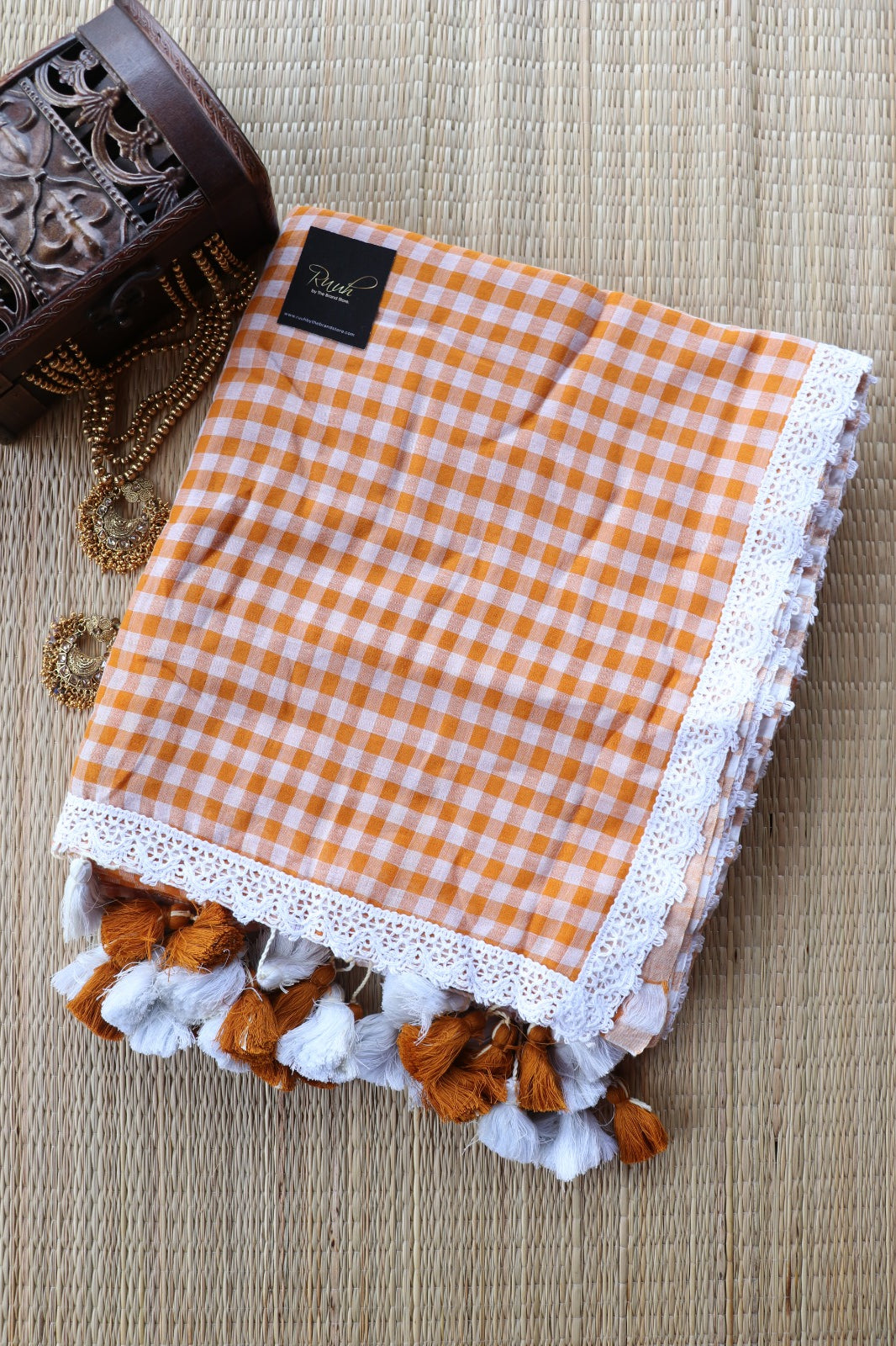 MUL COTTON CHECKS WITH LACE - PEACH-TBS26MCC
