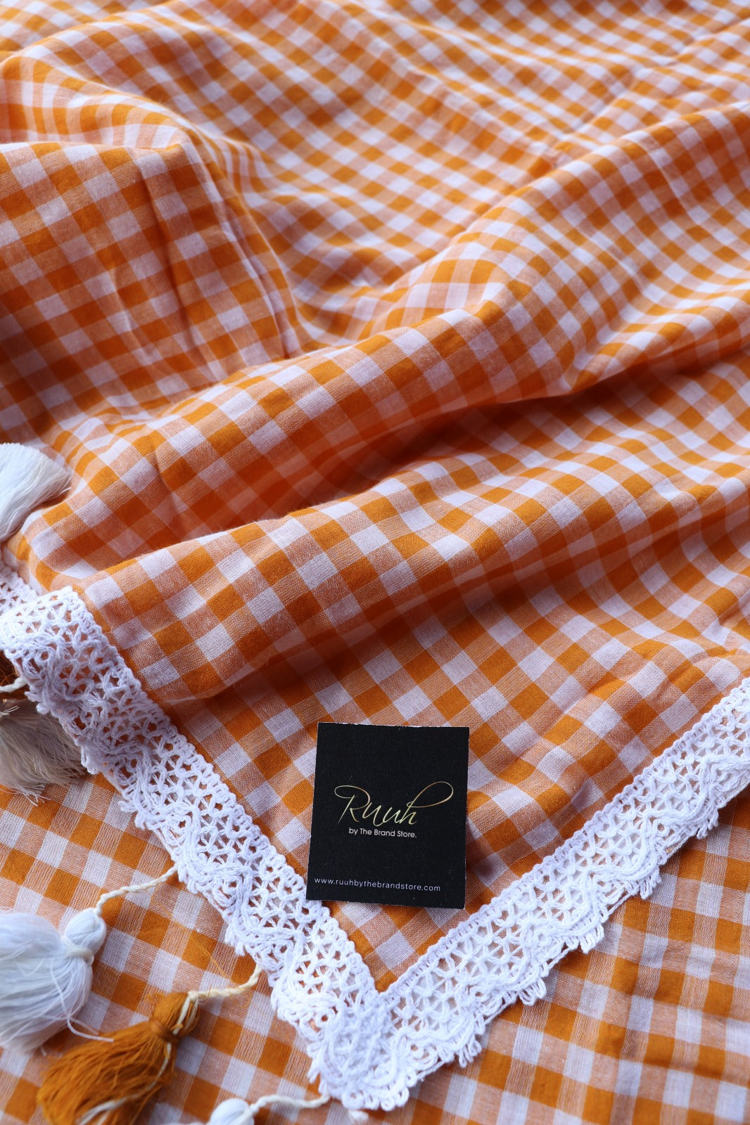 MUL COTTON CHECKS WITH LACE - PEACH-TBS26MCC