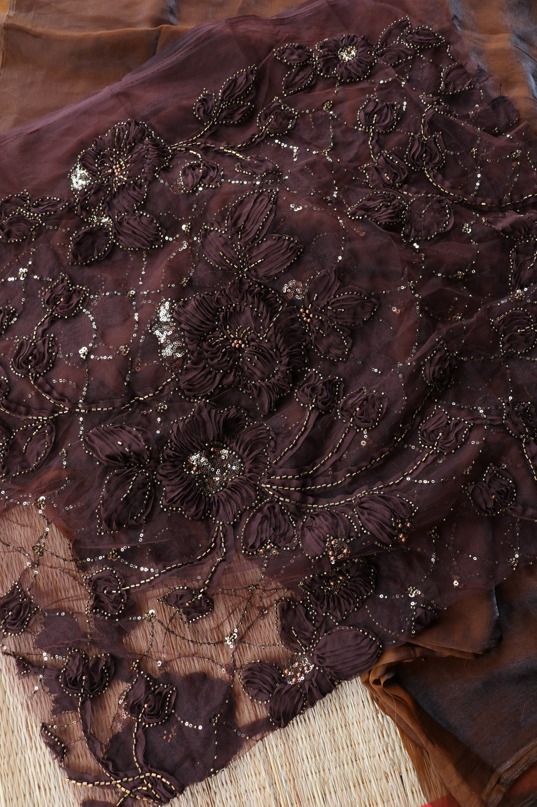 COFFEE BROWN SPACE SILK, NET BLOUSE
