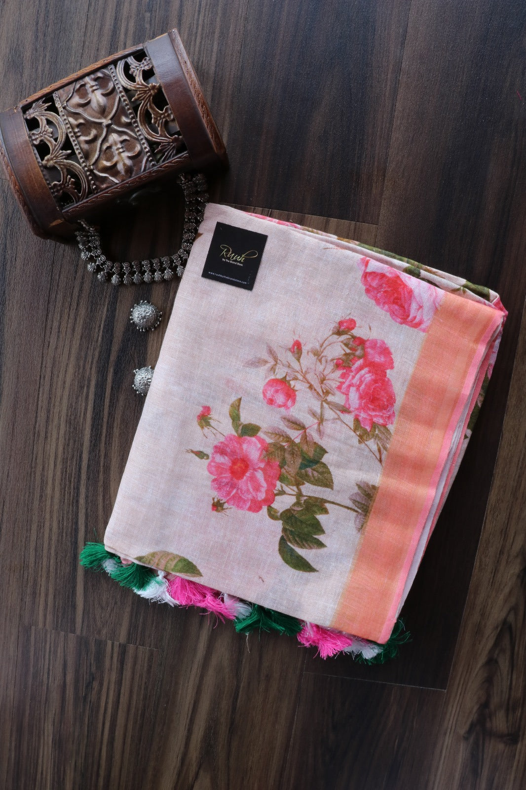 FLORAL PRINTED LINEN SAREE - SWASIKA