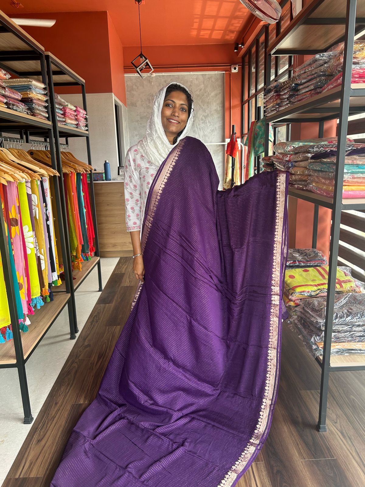 PURPLE VISCOSE STRIPE SAREE