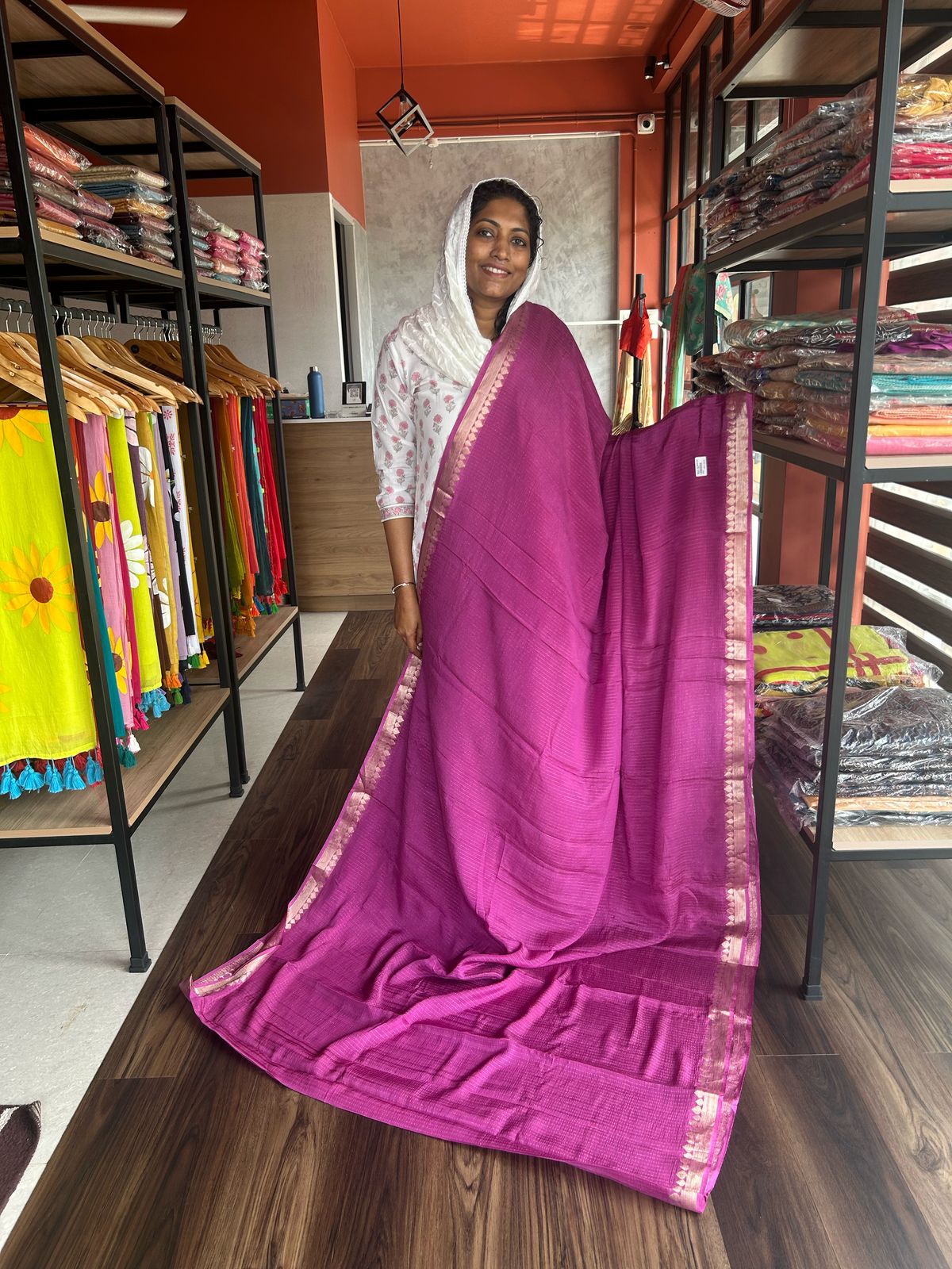 MAUVE PINK VISCOSE STRIPE SAREE