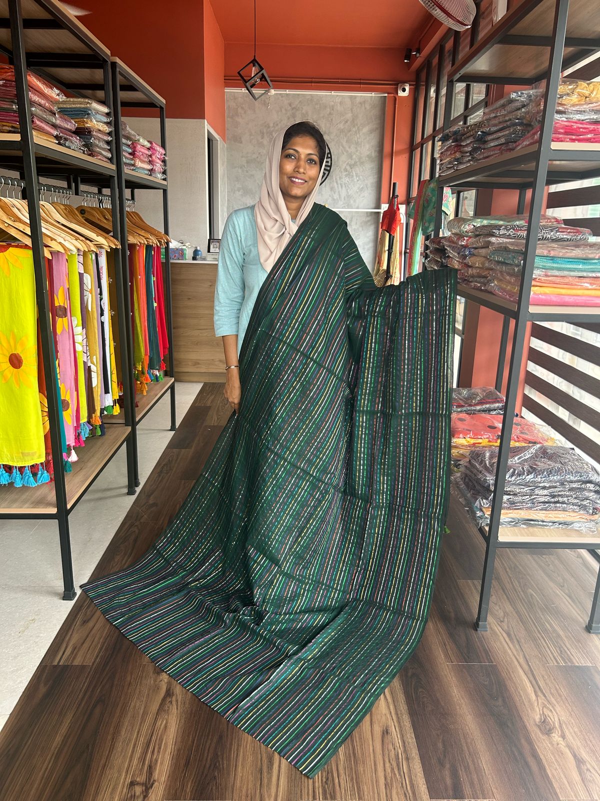 GREEN MULMUL COTTON SAREE WITH MULTICOLOUR STRIPES