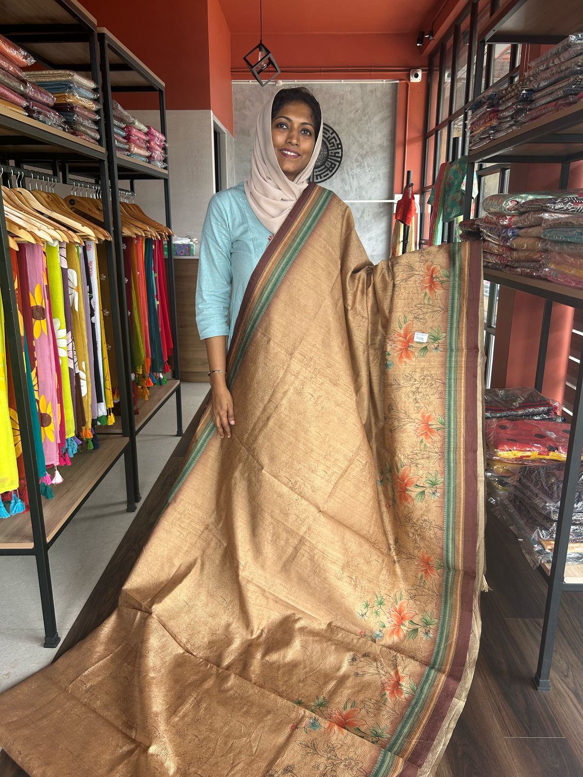 LIGHT BROWN BASE DIGITAL PRINTED CRUSH SILK SAREE