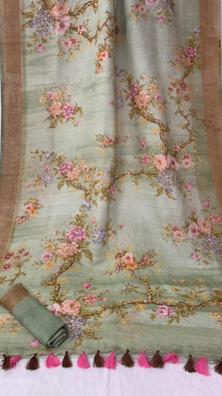 FLORAL PRINT ON GREEN OMBRE LINEN SAREE