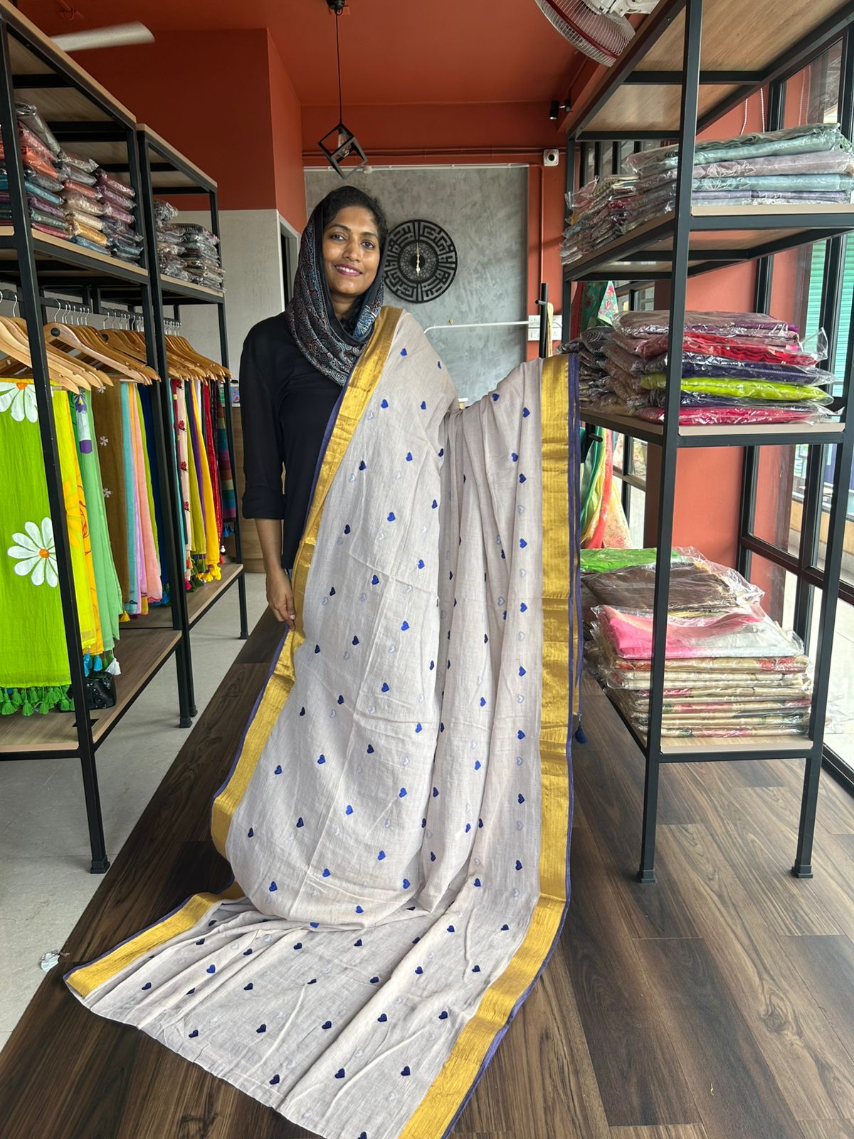 BLUE HEART EMBROIDERED MULMUL SAREE