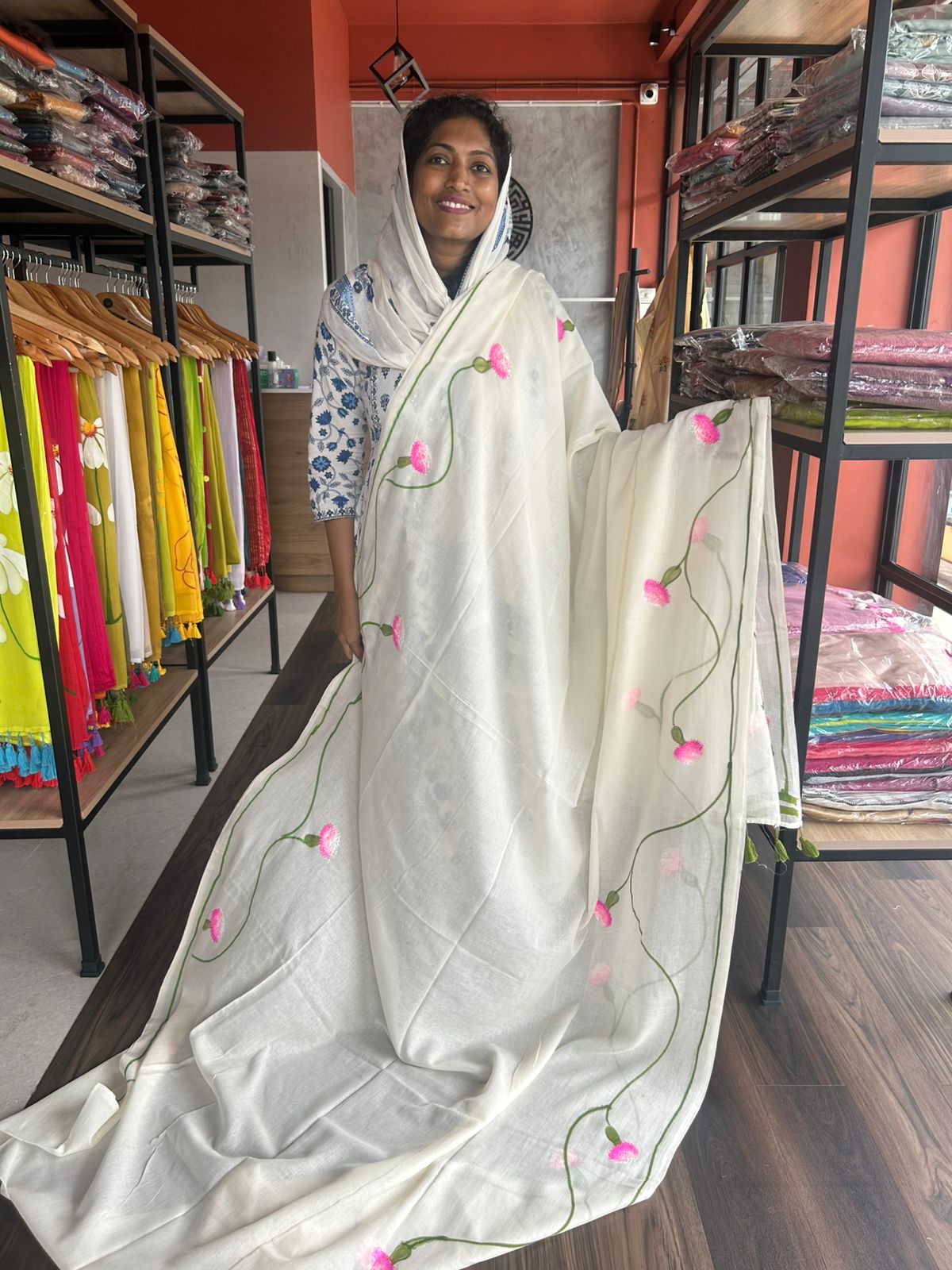 CARNATION HANDPAINTED MULMUL COTTON SAREE