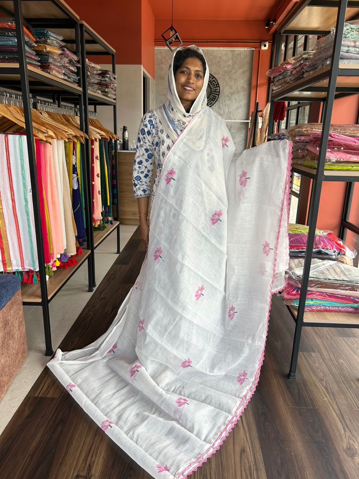 PINK LOTUS ON WHITE SEMI LINEN