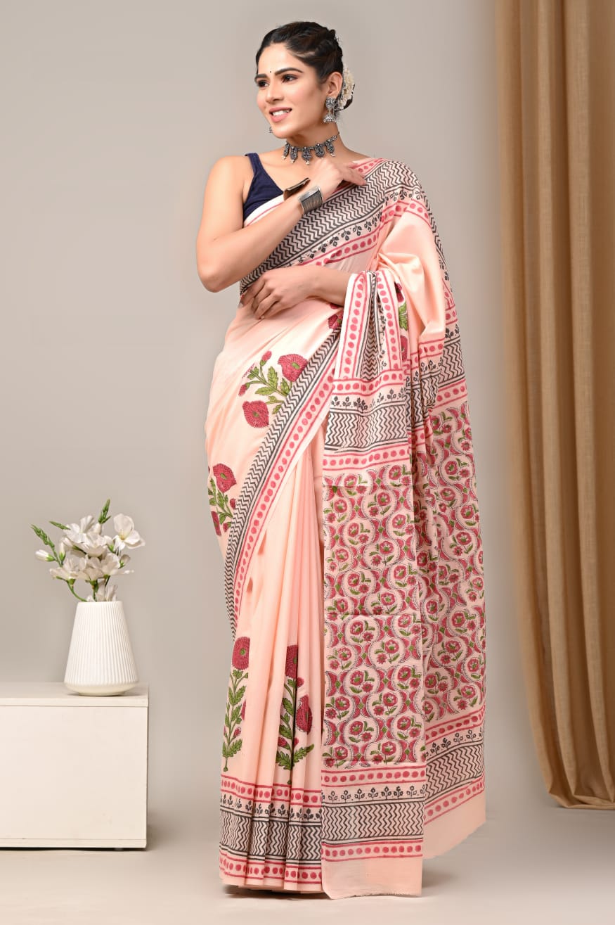 JAIPUR COTTON SAREE IN PEACH COLOUR