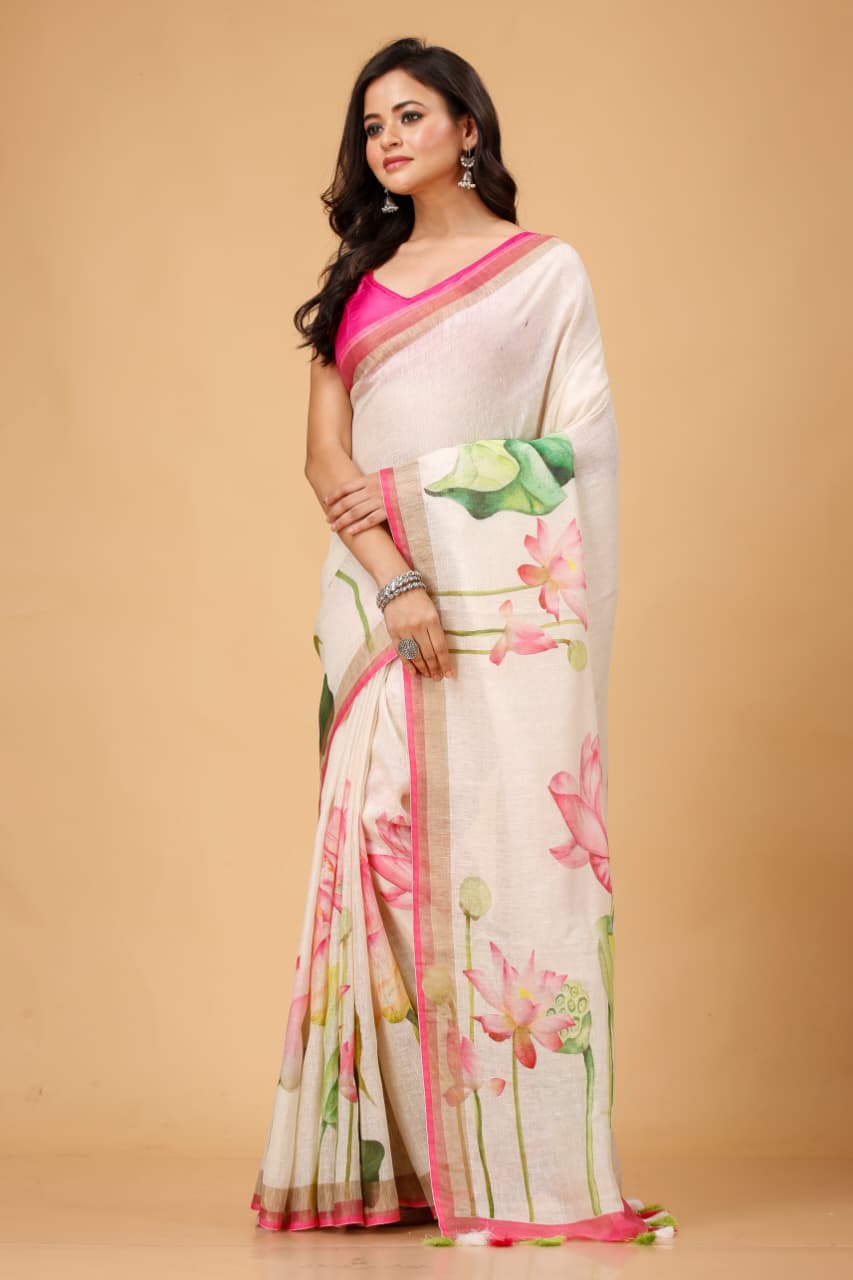 LOTUS PRINTED LINEN SAREE