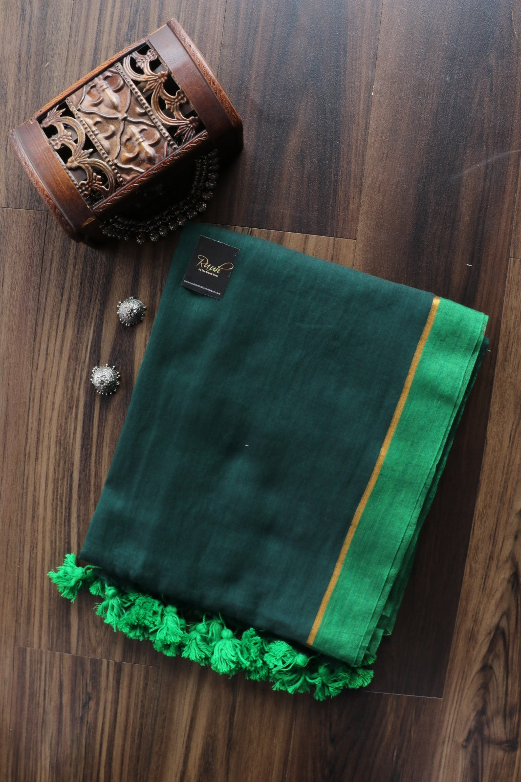 DARK GREEN MULMUL COTTON SAREE