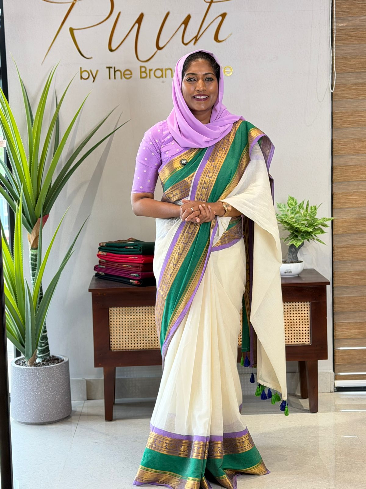 OFFWHITE MULMUL SAREE WITH MULTICOLOUR BORDER-TBS26BM
